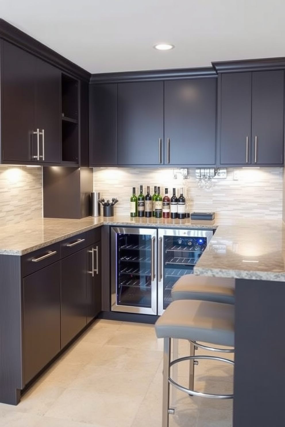 A stylish basement dry bar featuring a built-in wine cooler for convenience. The bar is designed with sleek cabinetry and a polished countertop, complemented by stylish bar stools for seating.