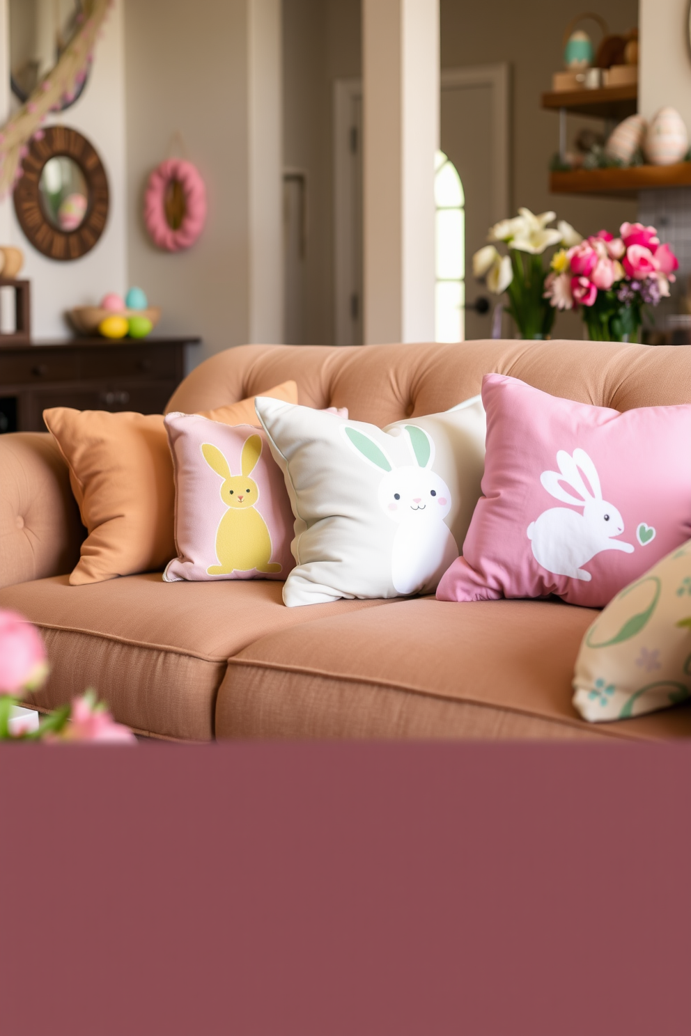 Easter themed throw pillows are arranged on a plush sofa, featuring pastel colors and playful bunny designs. The surrounding basement is adorned with festive decorations, including colorful eggs and spring flowers, creating a cheerful atmosphere.