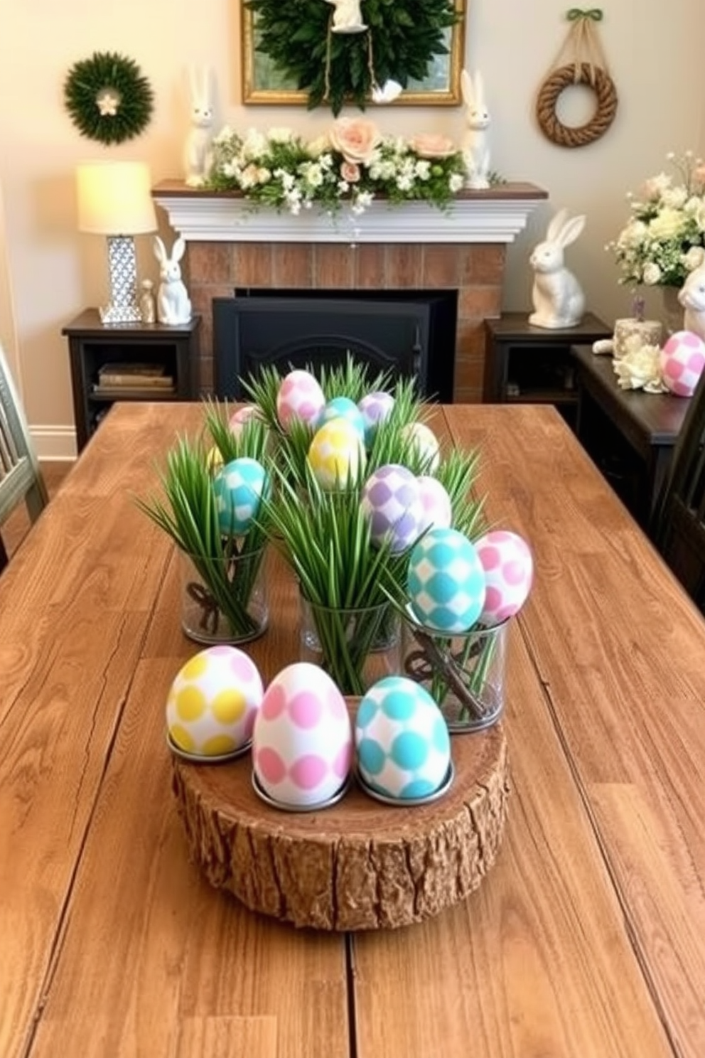 A collection of DIY painted egg centerpieces arranged beautifully on a rustic wooden table. The vibrant colors of the eggs contrast with the natural wood, creating an inviting and festive atmosphere for Easter celebrations. The basement is transformed into a cozy Easter-themed space with pastel decorations and soft lighting. Decorative elements like bunny figurines and floral arrangements enhance the cheerful ambiance for family gatherings.