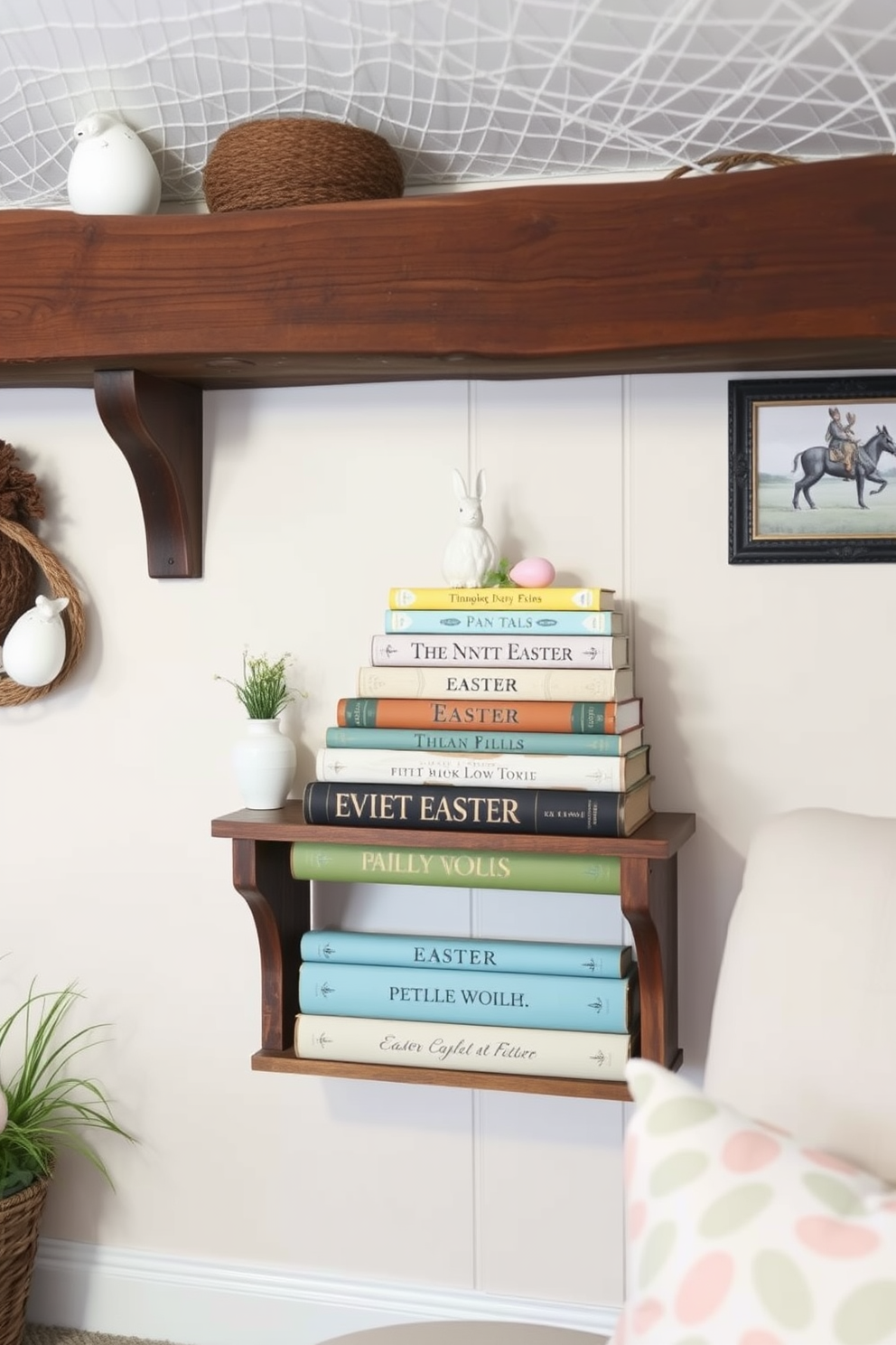 A charming basement space featuring a large chalkboard adorned with colorful Easter greetings. The walls are painted in soft pastel colors, and festive decorations like bunny figurines and egg garlands are scattered throughout the room.