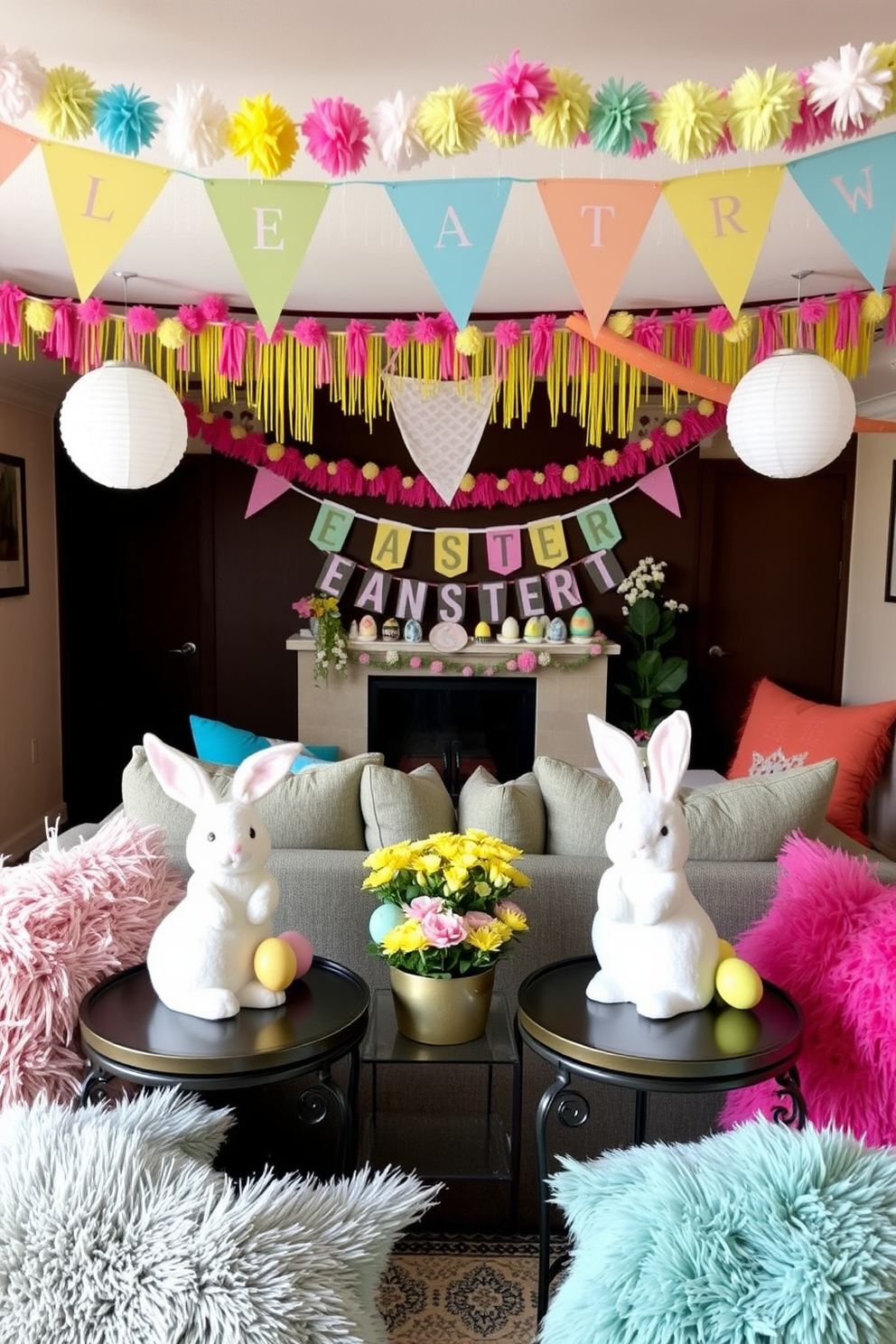 Fluffy bunny decor is arranged on side tables, featuring soft pastel colors and whimsical designs. Each table showcases a cute bunny figurine alongside decorative eggs and spring flowers for a festive touch. The basement is transformed into a cozy Easter retreat, with colorful garlands and cheerful banners hanging from the ceiling. Plush cushions and throws in vibrant hues create a welcoming atmosphere for family gatherings and celebrations.