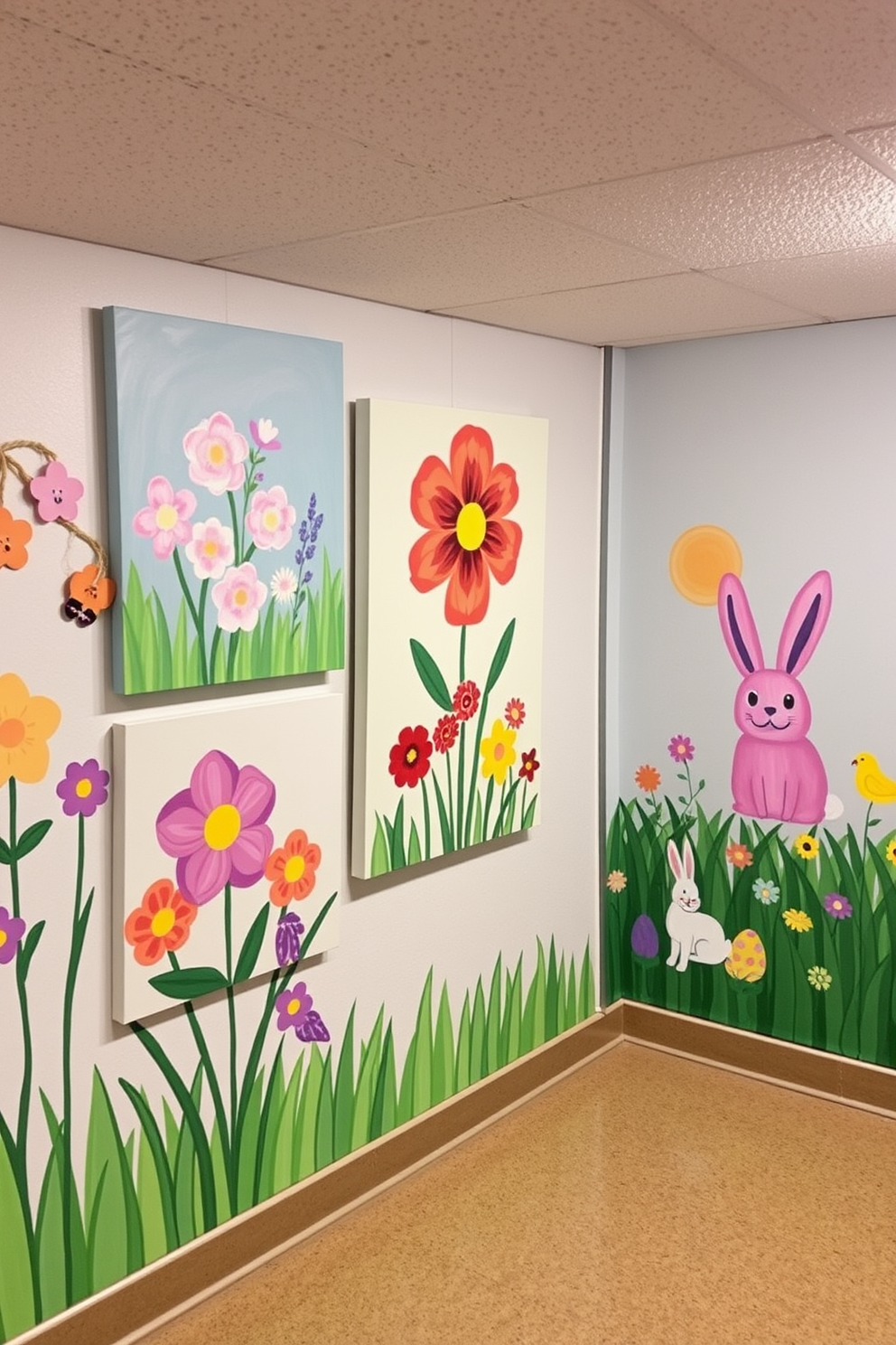 Seasonal artwork showcasing vibrant spring motifs fills the basement space with a cheerful ambiance. Colorful paintings of blooming flowers and playful bunnies are strategically placed on the walls, creating a festive atmosphere for Easter celebrations.