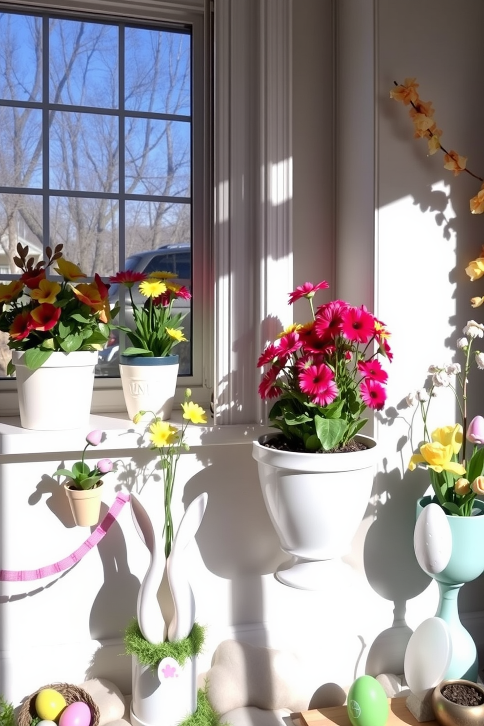 Potted spring flowers are arranged on sunny windowsills, bringing vibrant colors and fresh scents into the space. The cheerful blooms create a welcoming atmosphere, enhancing the overall aesthetic of the basement. Easter decorations are tastefully displayed throughout the basement, featuring pastel colors and whimsical designs. Thoughtfully placed accents like bunny figurines and egg garlands add a festive touch, making the space feel warm and inviting.