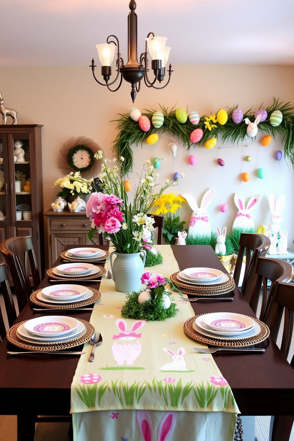 A festive table runner adorned with playful bunnies stretches across a beautifully set dining table. Surrounding the table are pastel-colored dishes and cheerful floral arrangements that evoke the spirit of spring. In the basement, colorful Easter decorations create a warm and inviting atmosphere. Soft lighting highlights the whimsical elements, including painted eggs and charming bunny figurines, enhancing the festive theme.