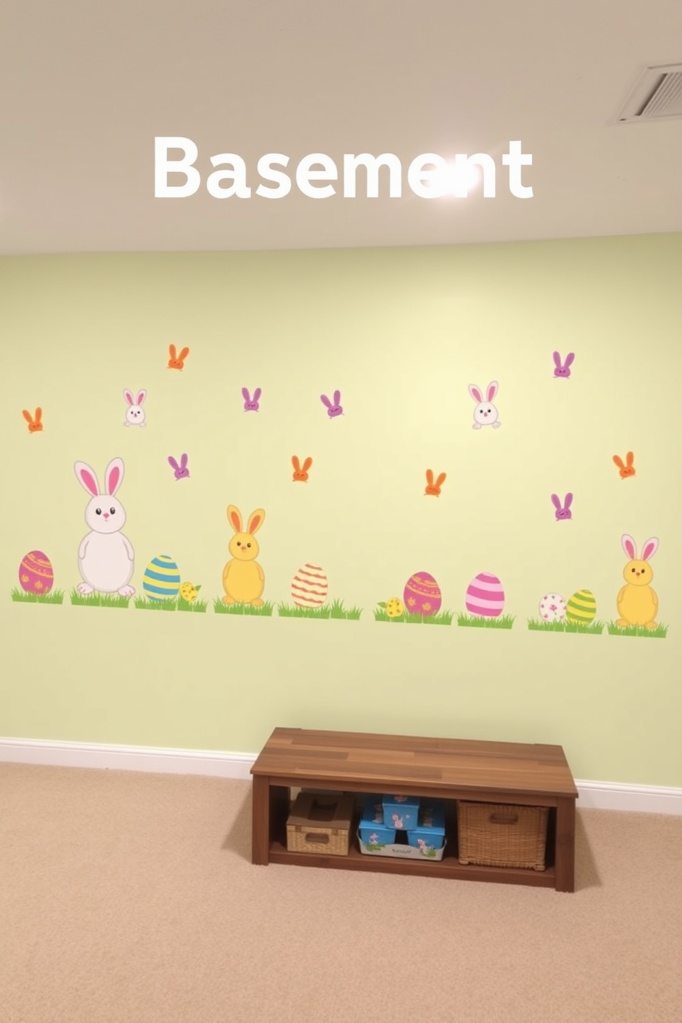 Easter themed wall decals featuring colorful bunnies and decorated eggs create a playful atmosphere in the basement. The decals are arranged in a cheerful pattern on a light pastel wall, bringing a festive touch to the space.