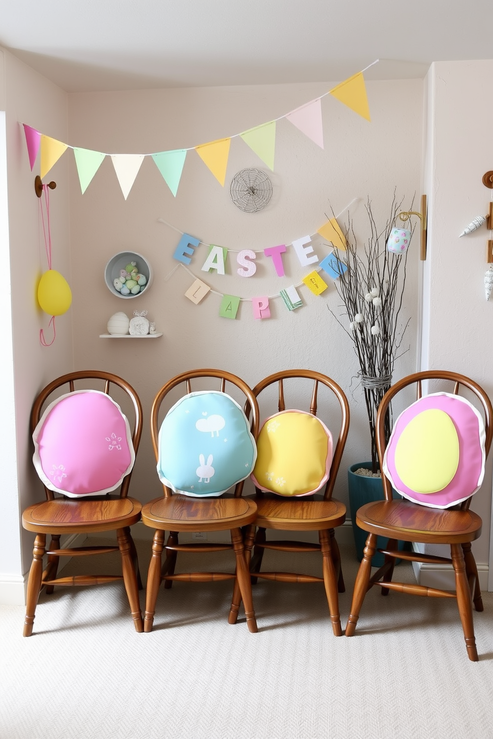 Colorful egg-shaped cushions are placed on a set of vintage wooden chairs, adding a playful touch to the cozy basement space. The walls are adorned with pastel-colored banners and Easter-themed decorations, creating a festive atmosphere for family gatherings.