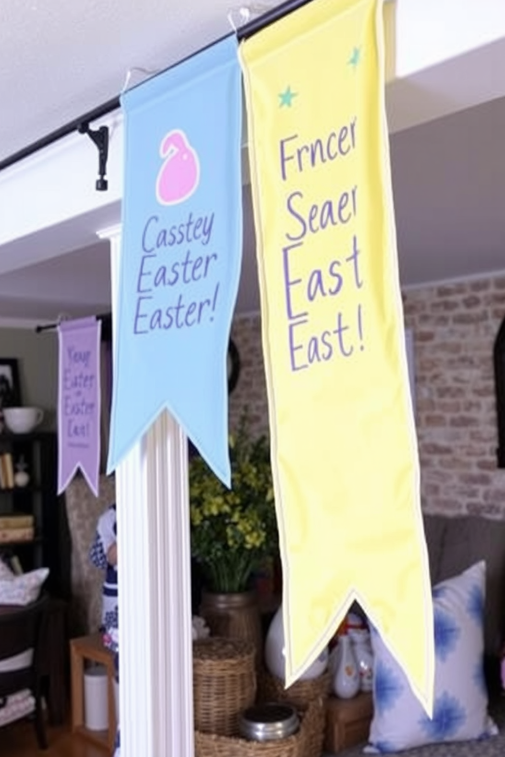 Create a cozy basement space adorned with hanging fabric banners that display cheerful Easter messages. The banners should be colorful and festive, adding a touch of joy to the room's design.