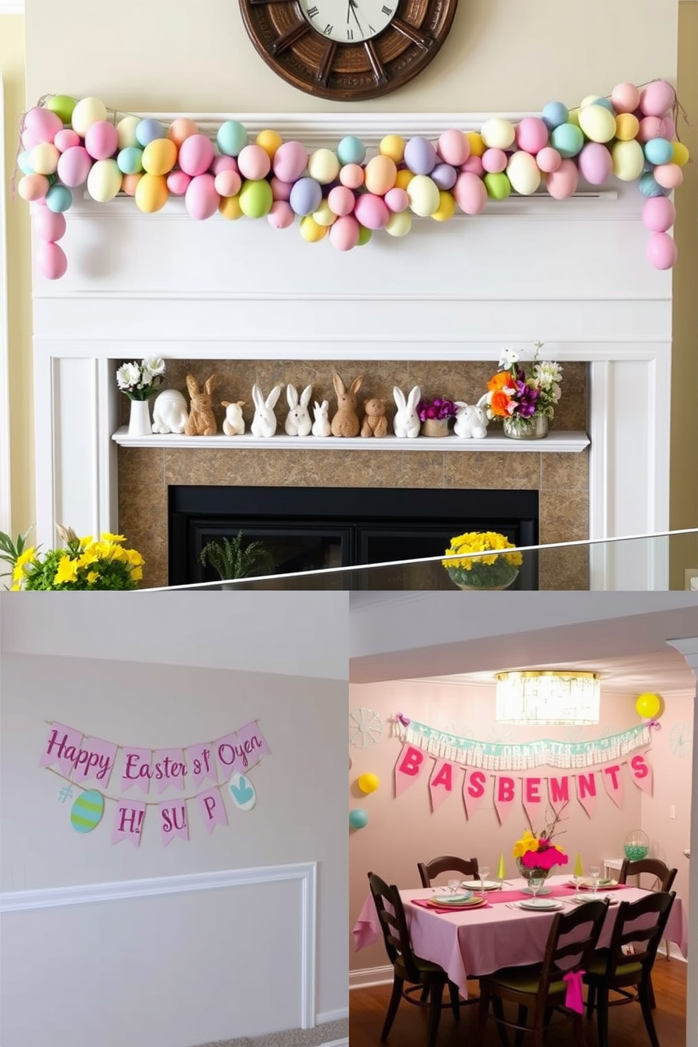 A vibrant egg garland drapes elegantly across the mantel, showcasing an array of pastel colors that capture the essence of spring. Beneath the garland, a collection of decorative bunnies and vibrant floral arrangements create a festive and inviting atmosphere. In the basement, whimsical Easter decorations adorn the space, featuring cheerful banners and playful table settings. Soft lighting enhances the cheerful ambiance, making it a perfect gathering spot for family celebrations.