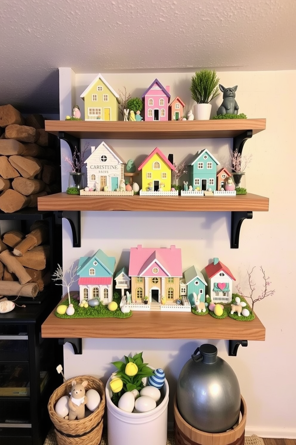 A charming miniature Easter village display is arranged on wooden shelves, showcasing colorful houses and tiny figurines celebrating the holiday. Soft pastel colors dominate the scene, with decorative eggs and spring flowers adding a festive touch to the cozy basement setting.