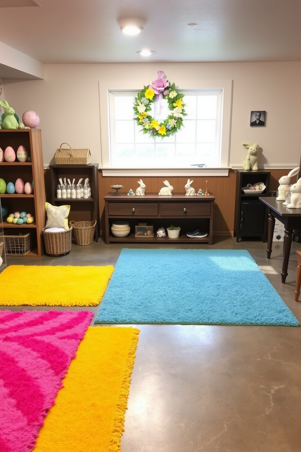 A cozy basement featuring brightly colored rugs that add vibrancy to the space. The rugs are spread across a polished concrete floor, creating a cheerful atmosphere perfect for gatherings. Easter decorations adorn the room, with pastel-colored eggs and bunnies placed on shelves and tables. A festive wreath made of spring flowers hangs on the wall, enhancing the seasonal charm.