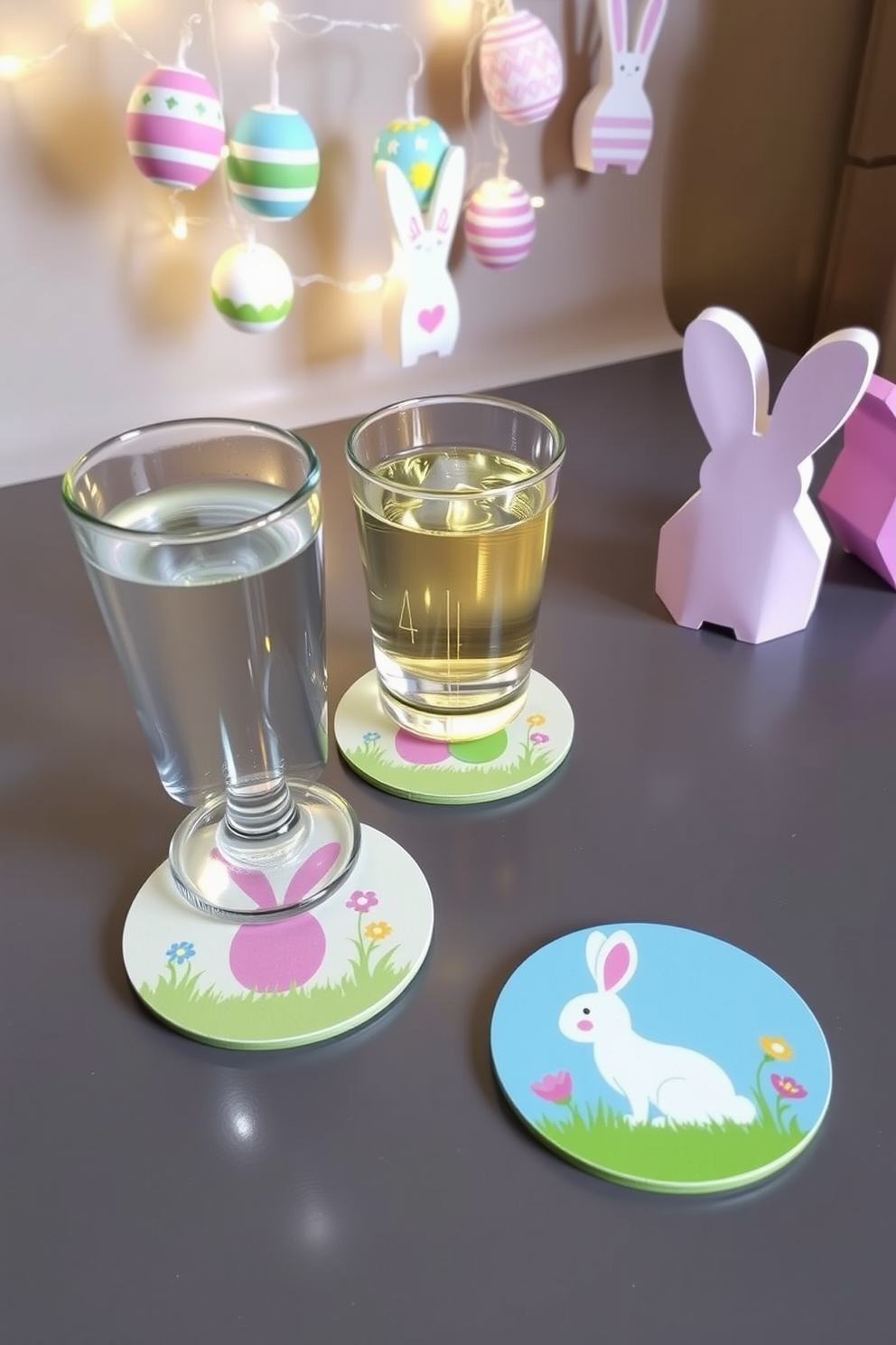 Easter themed coasters for drinks featuring pastel colors and whimsical designs. Each coaster showcases a different Easter motif such as eggs, bunnies, and spring flowers. Basement Easter decorating ideas include colorful garlands made of paper eggs and cheerful bunny decorations. Soft lighting with fairy lights creates a warm and inviting atmosphere for family gatherings.