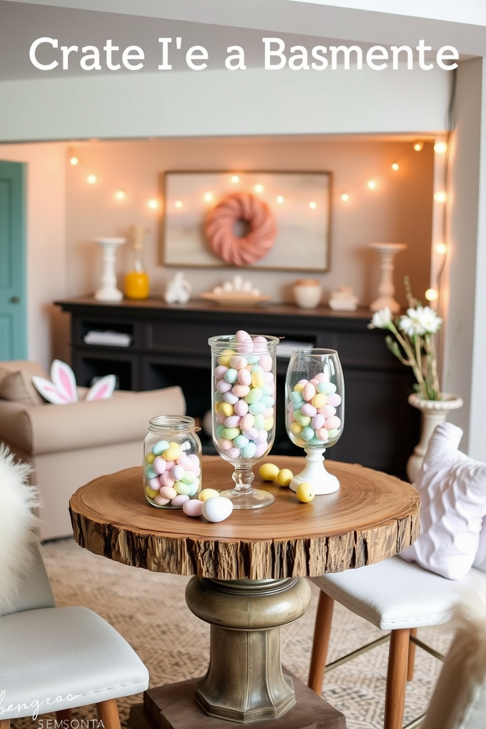 Create a cozy basement space designed for Easter celebrations. The room features decorative glass jars filled with colorful candy eggs placed on a rustic wooden table, surrounded by soft pastel decorations.