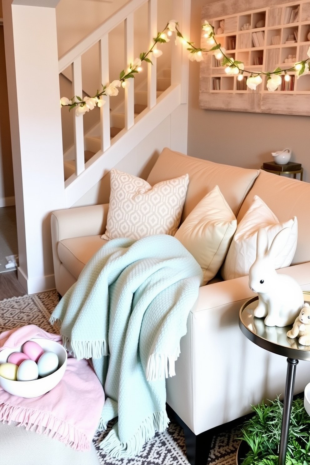 Create a cozy basement setting adorned with seasonal throw blankets in soft pastel colors. The space features a comfortable sofa surrounded by decorative pillows, with the throw blankets casually draped over the armrest. Incorporate Easter-themed decorations that enhance the festive atmosphere. Include pastel-colored eggs in decorative bowls and a cheerful bunny figurine placed on a side table.