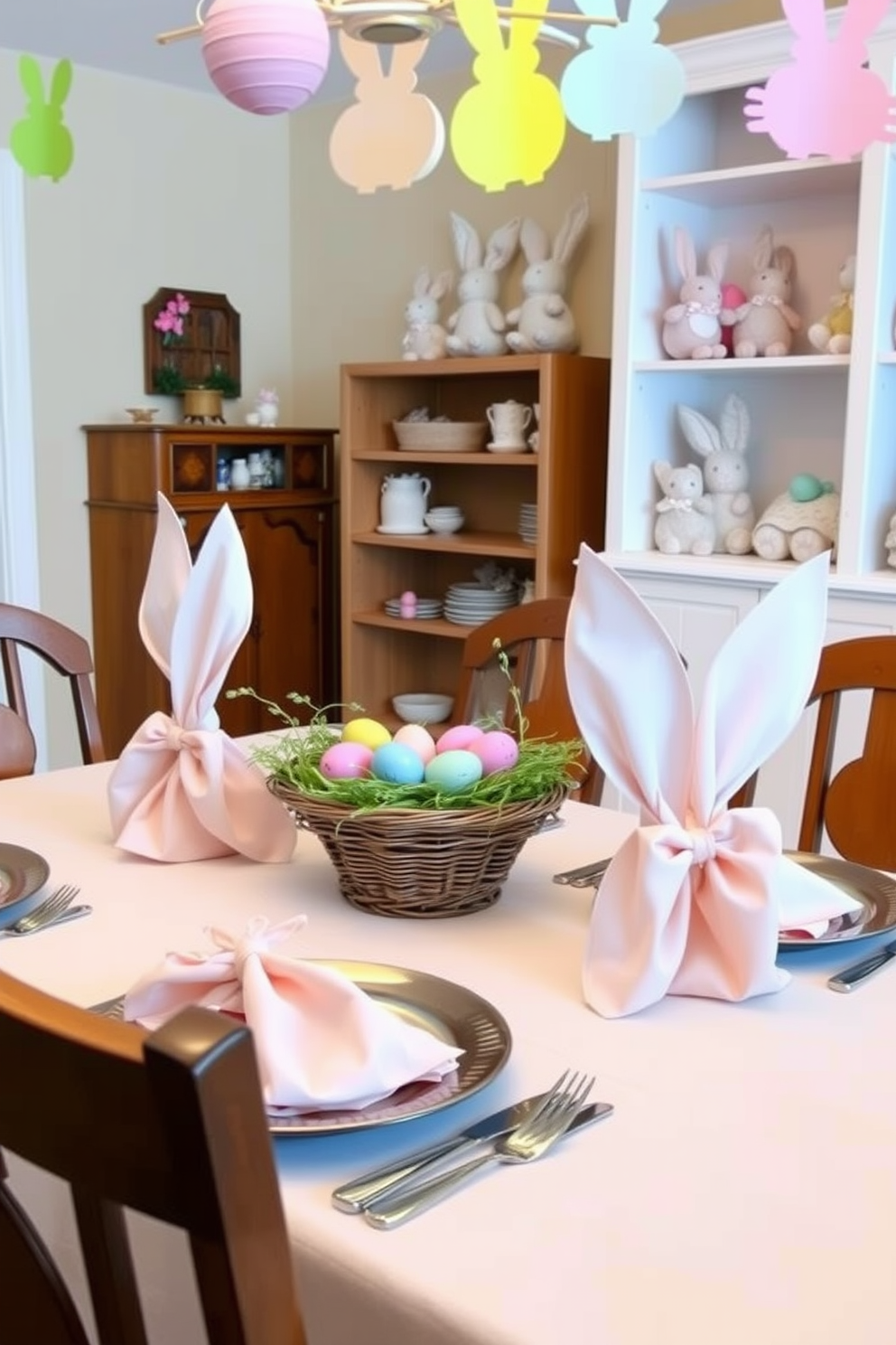 A charming Easter themed photo booth corner is set up in the basement. Colorful pastel decorations adorn the walls, with a large bunny backdrop and an array of hanging eggs creating a festive atmosphere. A wooden table is decorated with a floral tablecloth, featuring an assortment of Easter treats and props for guests to use. Soft lighting from string lights adds a warm glow, enhancing the joyful ambiance of the space.