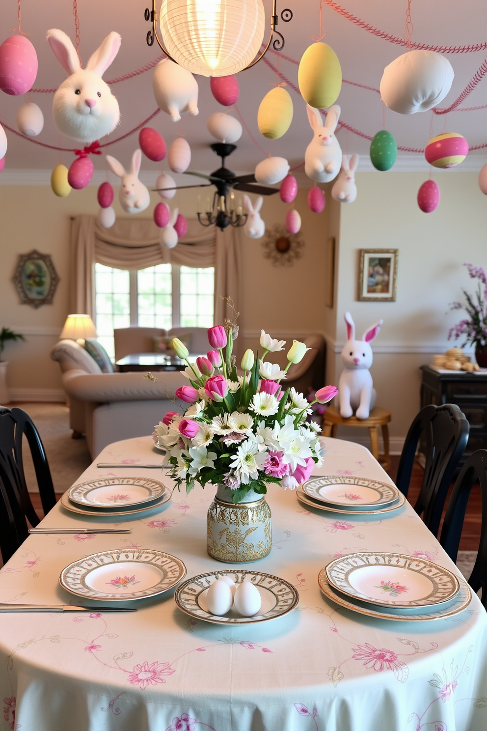 A beautifully arranged Easter table setting features a pastel-colored tablecloth adorned with delicate floral patterns. Centered on the table is a stunning floral centerpiece made of tulips and daisies, complemented by elegant china dishes with intricate designs. The basement is transformed into a festive Easter haven with whimsical decorations hanging from the ceiling. Plush bunnies and colorful eggs are scattered around the space, creating a warm and inviting atmosphere for family gatherings.