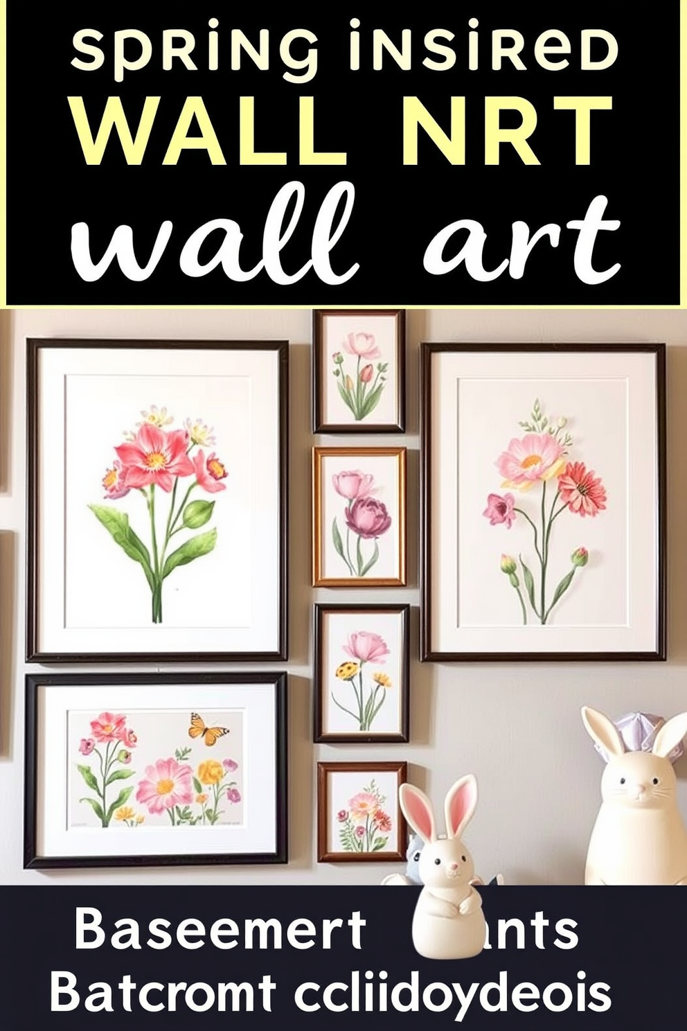 Spring inspired wall art in frames features vibrant floral designs that evoke the freshness of the season. The artwork is arranged in a gallery style on the walls, creating a cheerful and inviting atmosphere. Basement Easter decorating ideas include pastel-colored accents and themed decorations such as bunnies and eggs. Soft lighting enhances the cozy feel, making the space perfect for family gatherings and celebrations.