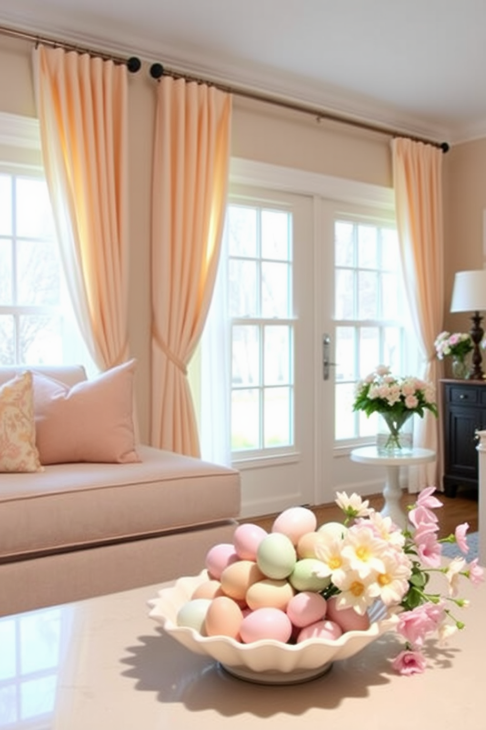 Pastel colored curtains drape elegantly across the windows, allowing soft natural light to filter into the space. The gentle hues create a serene atmosphere, complementing the overall light and airy feel of the basement. For Easter decorating ideas, a whimsical arrangement of pastel-colored eggs is displayed in a decorative bowl on a coffee table. Spring flowers in soft shades are artfully placed around the room, adding a festive touch to the cozy environment.