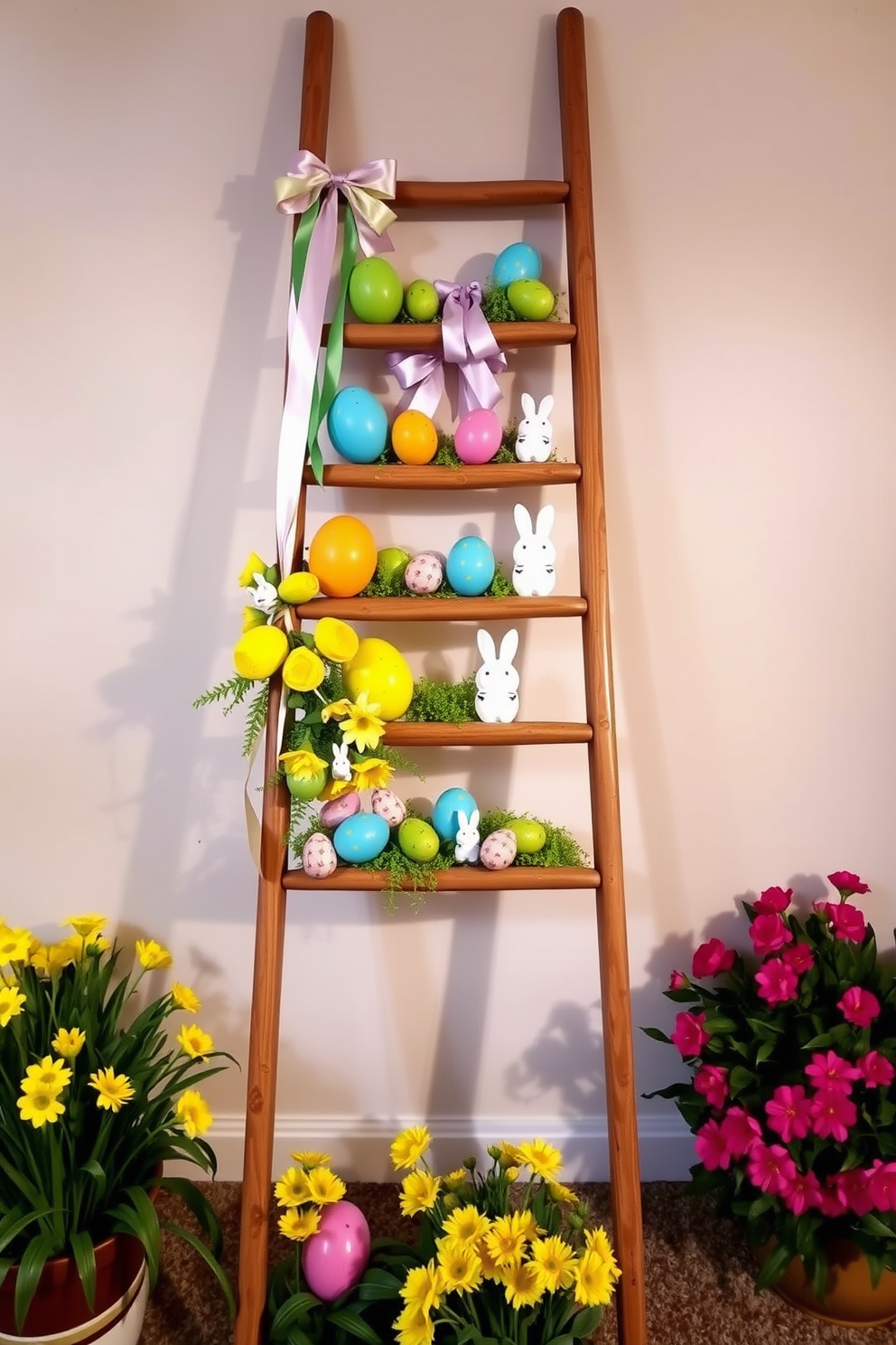 A decorative ladder leans against the wall, showcasing a variety of colorful Easter decorations. Brightly painted eggs, pastel ribbons, and cheerful bunnies are artfully arranged on the rungs, creating a festive atmosphere. The basement is softly lit, enhancing the warmth of the decor. Surrounding the ladder, spring flowers in bloom add a touch of freshness to the Easter theme.