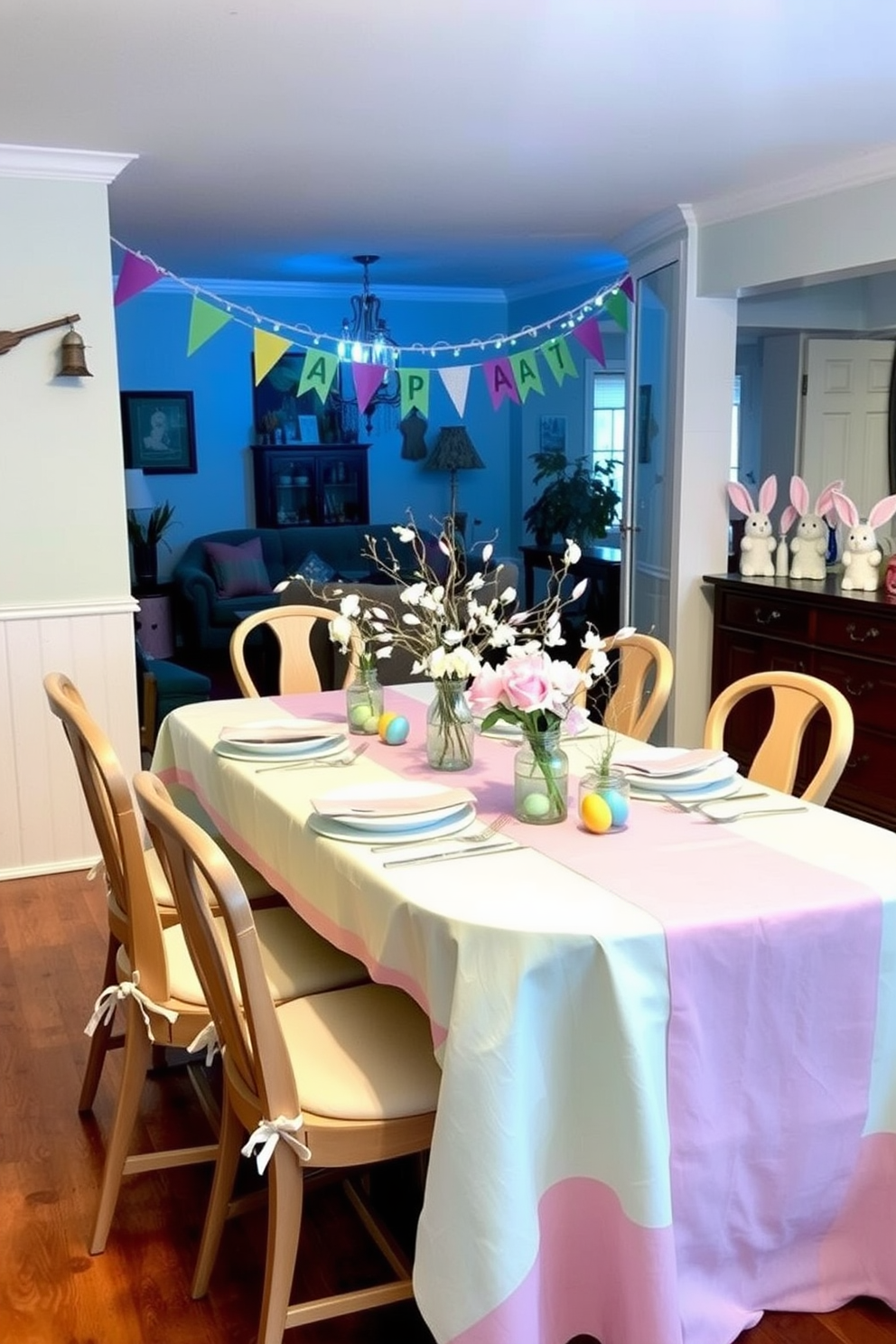 A festive dining table is adorned with a pastel tablecloth in soft shades of pink and mint green. Delicate floral centerpieces and colorful Easter eggs are artfully arranged to create a cheerful atmosphere. In the basement, whimsical decorations bring the spirit of Easter to life. Brightly colored banners and playful bunny figurines are strategically placed to enhance the festive ambiance.