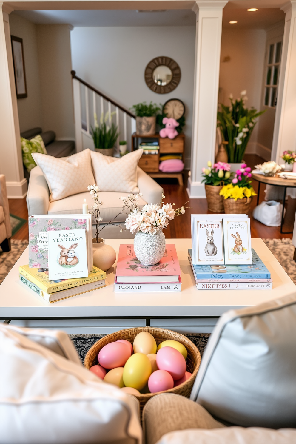 Easter themed books are artfully arranged on a stylish coffee table, featuring pastel-colored covers and whimsical illustrations. The table is surrounded by plush seating, creating a cozy reading nook perfect for enjoying seasonal literature. The basement is transformed into a festive Easter retreat, adorned with vibrant decorations and cheerful accents. Soft lighting highlights a collection of decorative eggs and spring flowers, enhancing the inviting atmosphere.