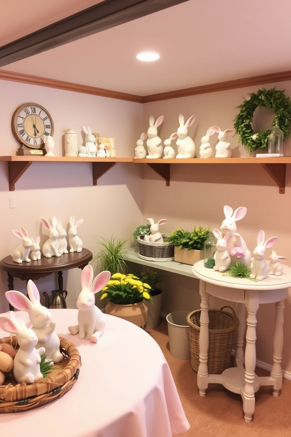 A cozy basement decorated for Easter features shelves and tables adorned with charming bunny figurines in various sizes and styles. Soft pastel colors dominate the decor, creating a cheerful and inviting atmosphere perfect for family gatherings.