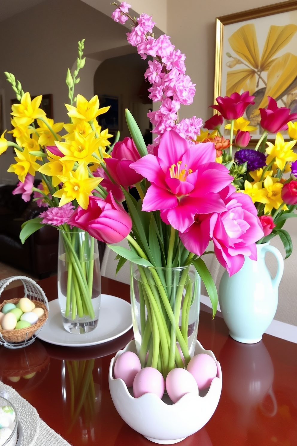 A charming basement space adorned with vibrant spring floral arrangements in elegant vases. The walls are painted in soft pastels, creating a cheerful atmosphere perfect for Easter celebrations.