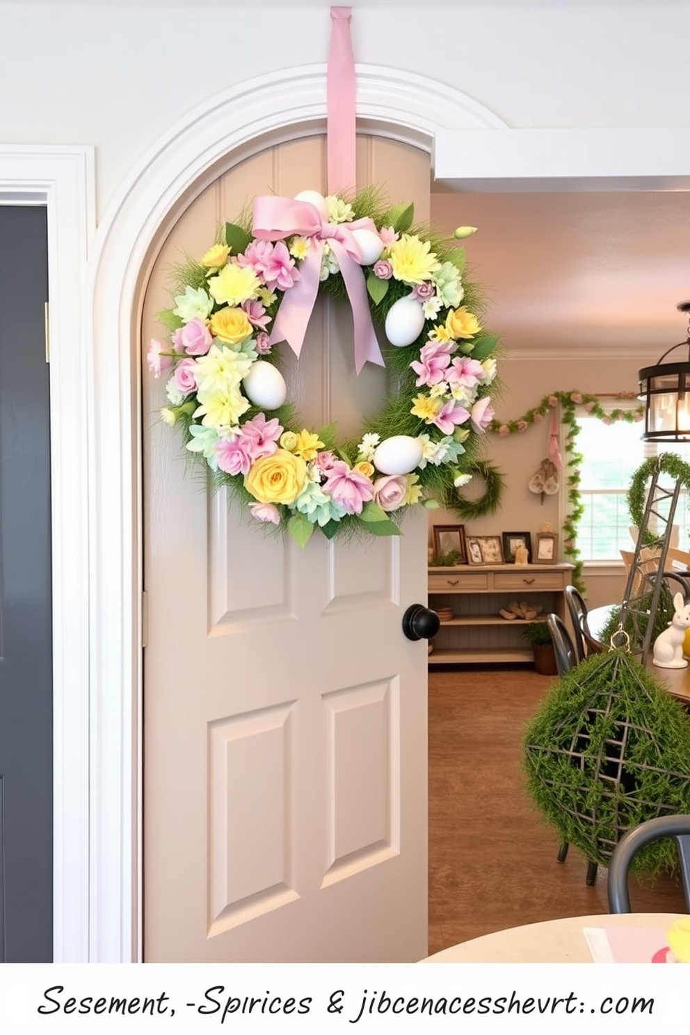 A beautifully crafted Easter wreath adorns the basement door, featuring a mix of pastel-colored flowers and decorative eggs. The wreath is complemented by soft greenery, creating a welcoming and festive entrance for spring celebrations. Inside the basement, the decor is enhanced with playful Easter-themed accents such as colorful garlands and cheerful table settings. Subtle touches like bunny figurines and seasonal centerpieces bring warmth and joy to the space, making it perfect for family gatherings.