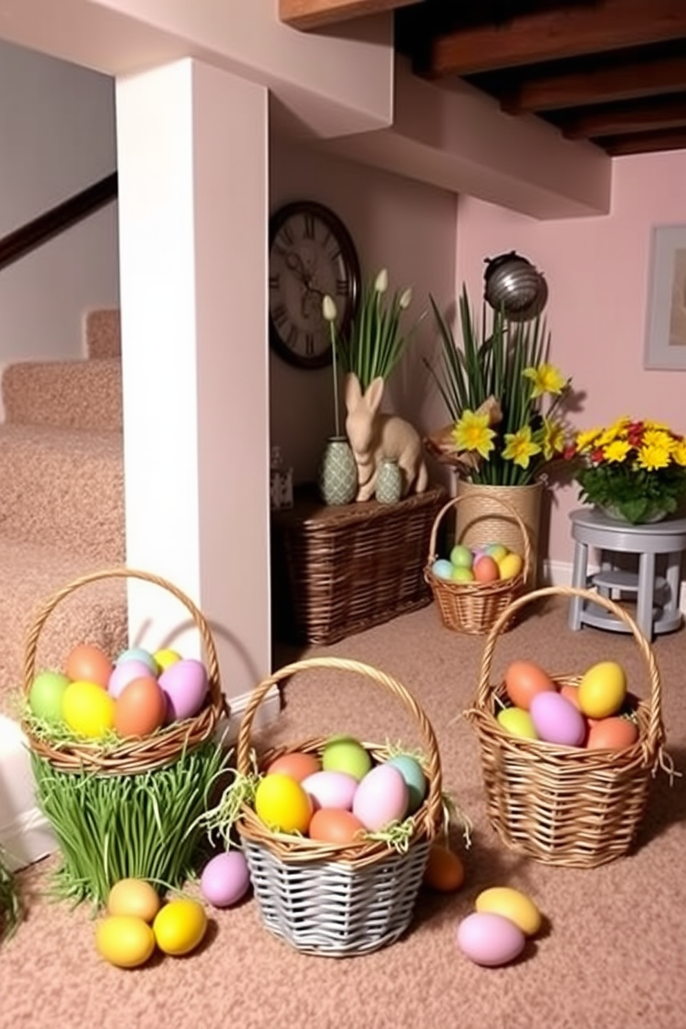 A cozy basement decorated for Easter features decorative baskets filled with colorful eggs placed strategically around the room. Soft pastel colors adorn the walls, and cheerful spring-themed decorations create a festive ambiance.