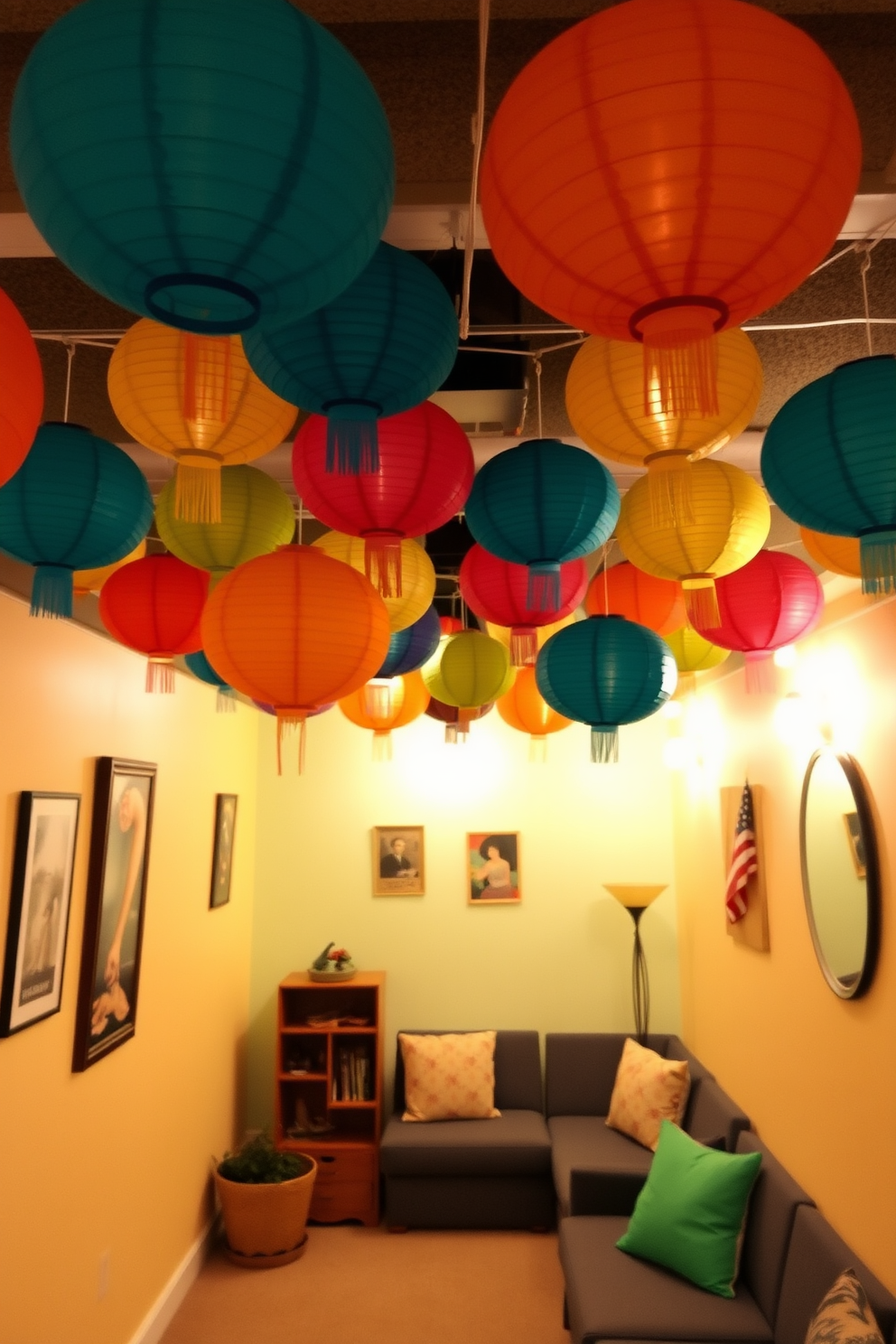 A cheerful basement setting adorned with hanging paper lanterns in bright colors creates a festive atmosphere. The walls are painted in soft pastels, complementing the vibrant hues of the lanterns, while a cozy seating area invites relaxation and celebration.