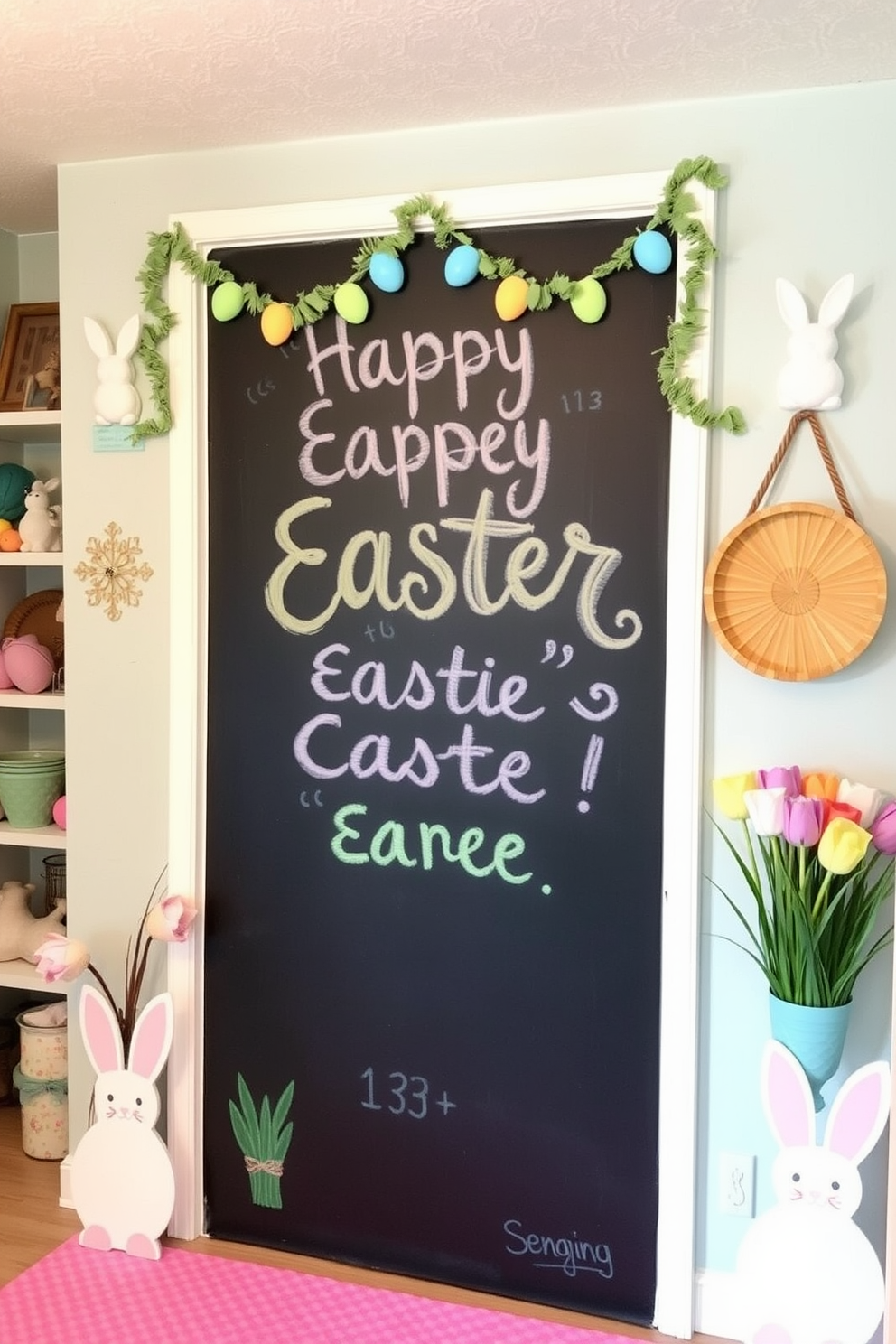 A vibrant and colorful wreath adorned with pastel flowers and decorative eggs hangs on the basement door. The door is framed by cheerful spring-themed decorations, creating a welcoming entrance for Easter festivities.