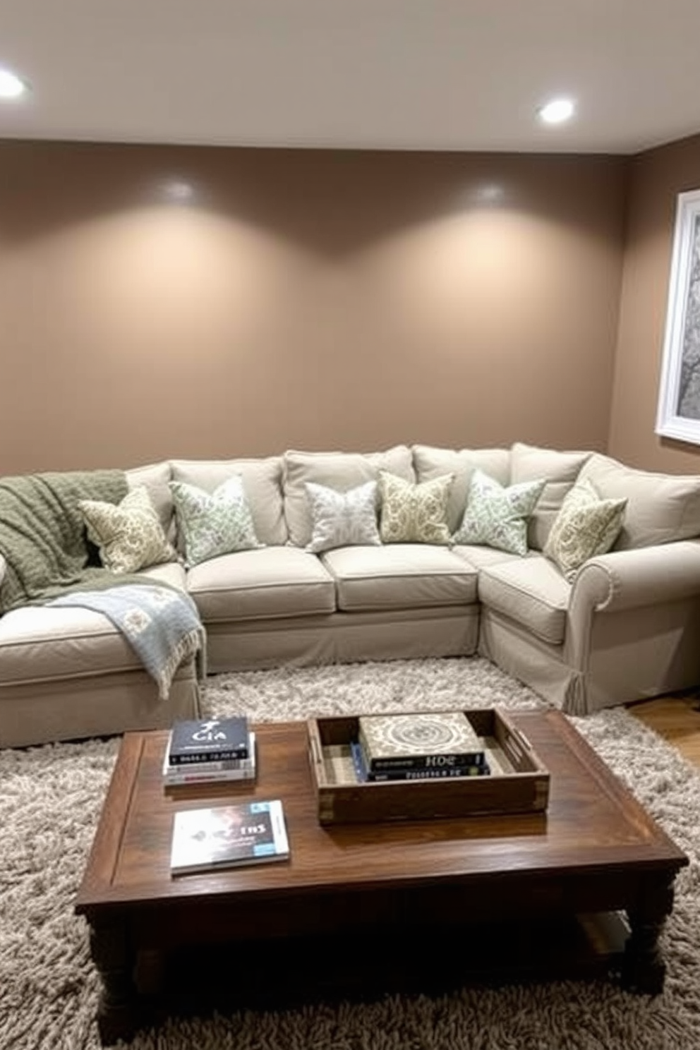 A cozy sectional sofa is positioned in the center of the basement family room, adorned with an array of plush throw pillows in various textures and colors. Soft ambient lighting creates a warm atmosphere, while a large area rug anchors the seating area, inviting relaxation and comfort.