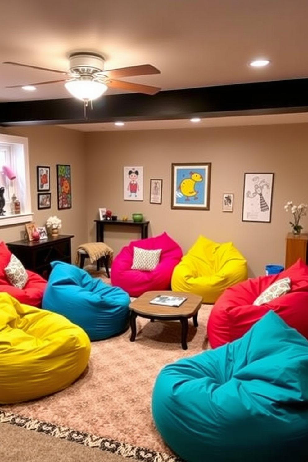 A spacious basement family room featuring large windows that flood the space with natural light. The room includes a comfortable sectional sofa adorned with colorful throw pillows, and a sleek coffee table sits in front of it. The walls are painted in a warm beige tone, creating a cozy atmosphere. A large area rug anchors the seating area, while shelves filled with books and decorative items line one side of the room.