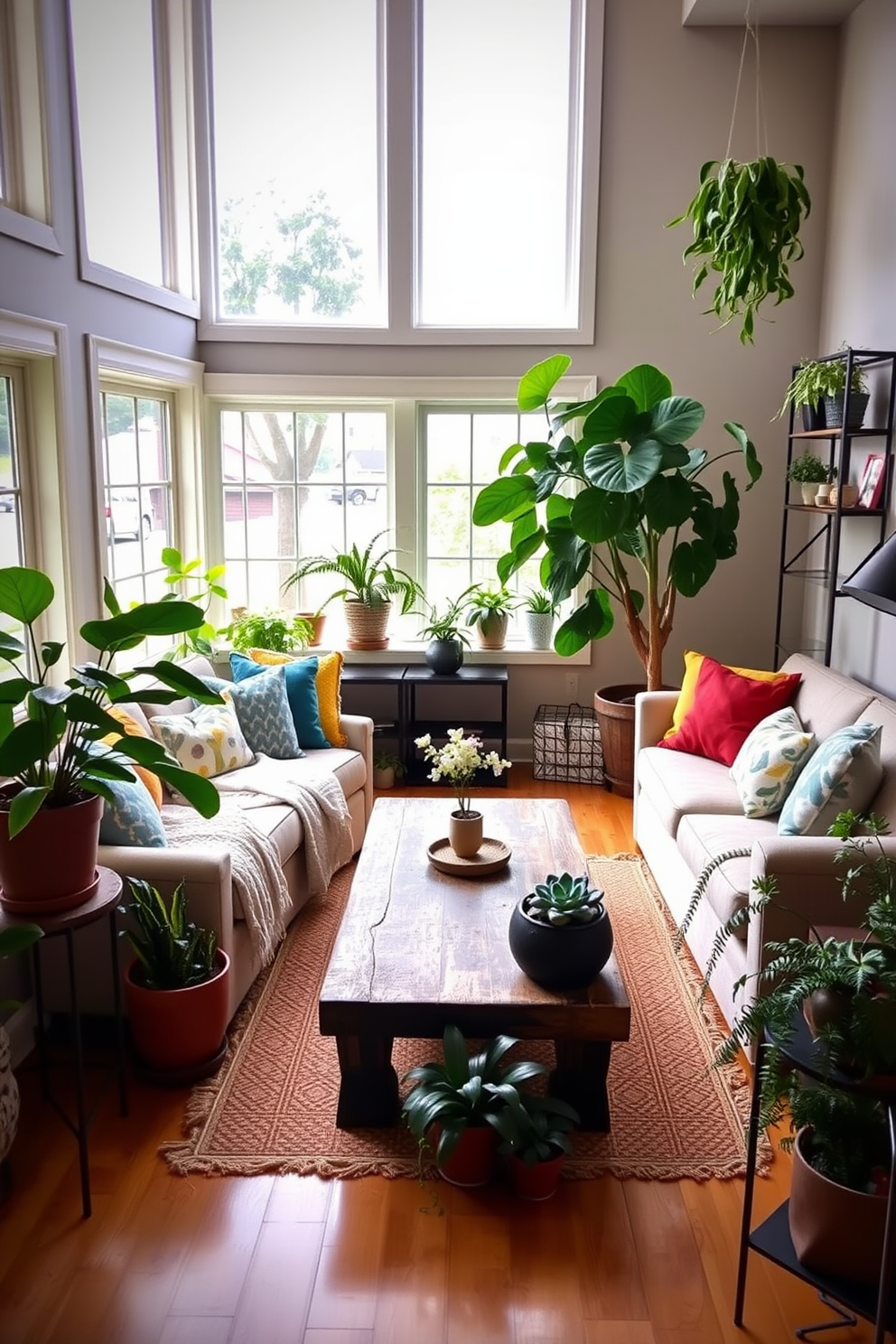 A cozy basement family room bathed in natural light from large windows. The space features a comfortable sectional sofa in soft gray fabric, paired with a rustic wooden coffee table and vibrant throw pillows. The walls are painted in a warm beige tone, enhancing the inviting atmosphere. A plush area rug anchors the seating area, while a gallery of family photos adds a personal touch to the decor.