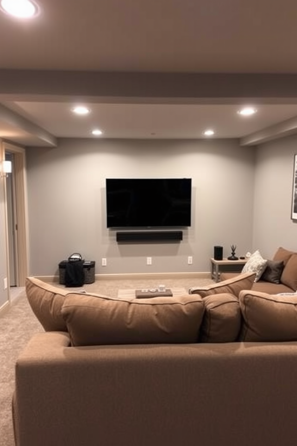 A cozy basement family room featuring a wall-mounted TV to maximize space efficiency. The room is adorned with plush seating in neutral tones, a soft area rug, and ambient lighting that creates a warm atmosphere.