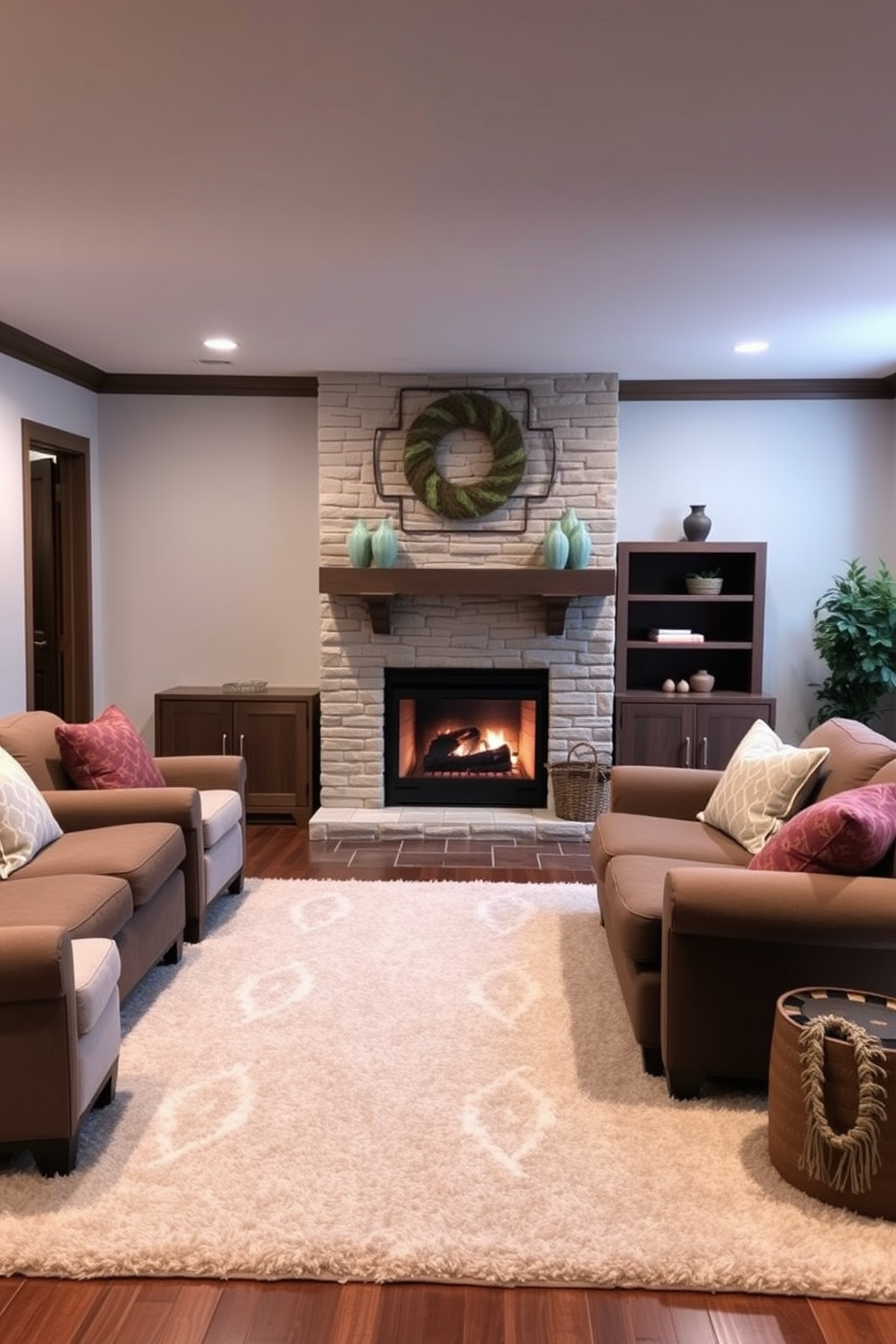 A cozy basement family room filled with natural light from large windows. Lush indoor plants are strategically placed around the room, enhancing the fresh atmosphere. The seating area features a plush sectional sofa in a neutral tone, complemented by colorful throw pillows. A wooden coffee table sits in the center, adorned with a few small potted plants for added greenery.