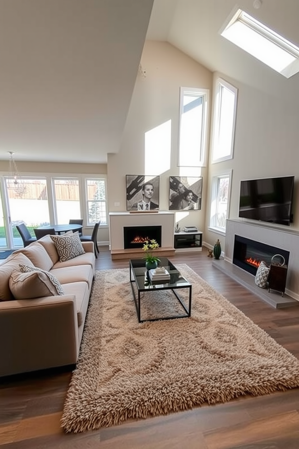 A spacious basement family room features an open layout that encourages easy movement and interaction. The design includes comfortable seating arrangements with plush sofas and a large coffee table in the center, creating a welcoming atmosphere for family gatherings. Natural light floods the space through large windows, enhancing the airy feel of the room. The walls are painted in a soft neutral tone, complemented by vibrant artwork that adds personality and warmth to the space.