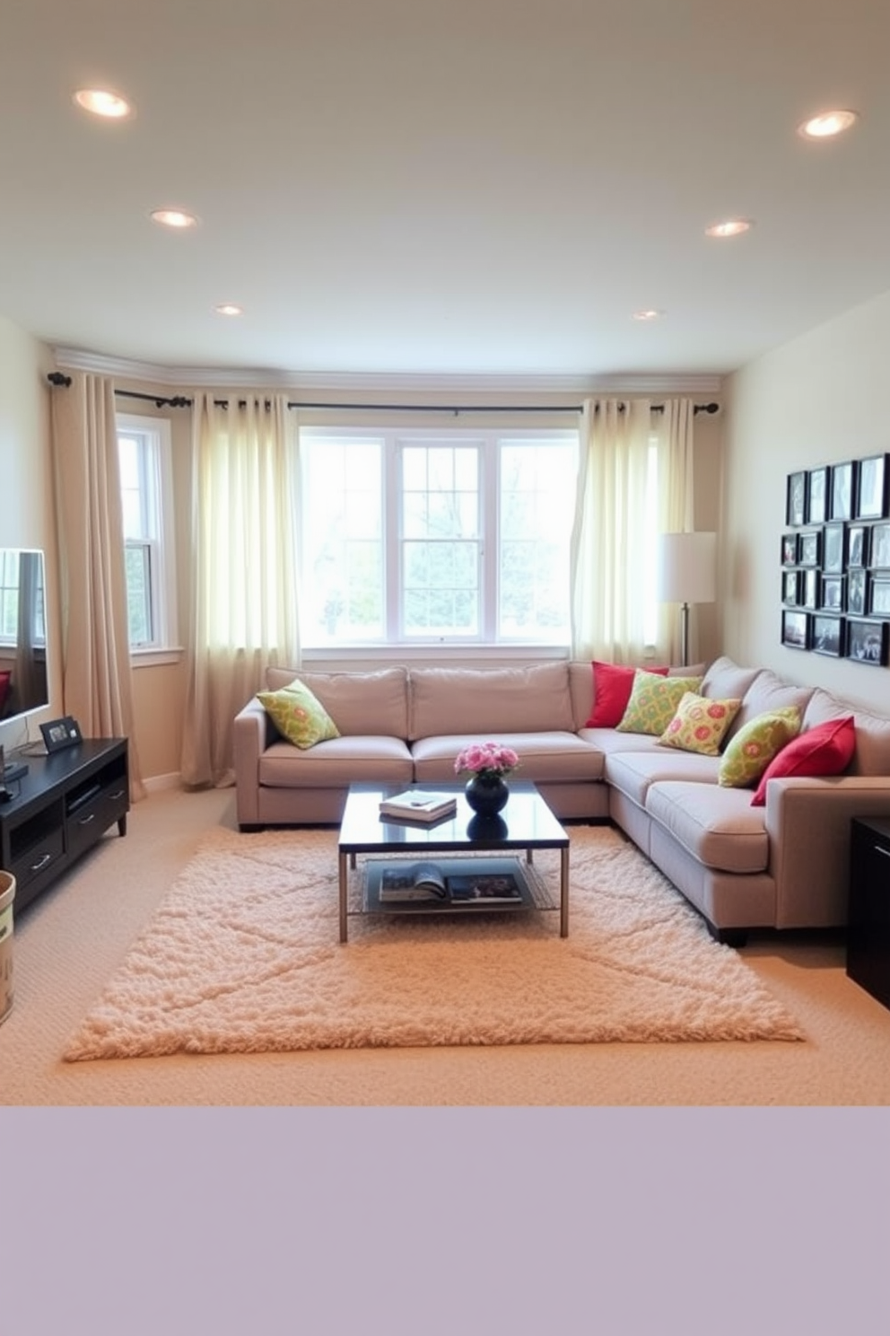 A cozy basement family room featuring vintage furniture that adds character and warmth. A plush, worn leather sofa is paired with a distressed wooden coffee table, creating an inviting gathering space. The walls are adorned with retro artwork and a large bookshelf filled with eclectic books and decorative items. Soft lighting from antique lamps casts a warm glow, enhancing the room's nostalgic ambiance.