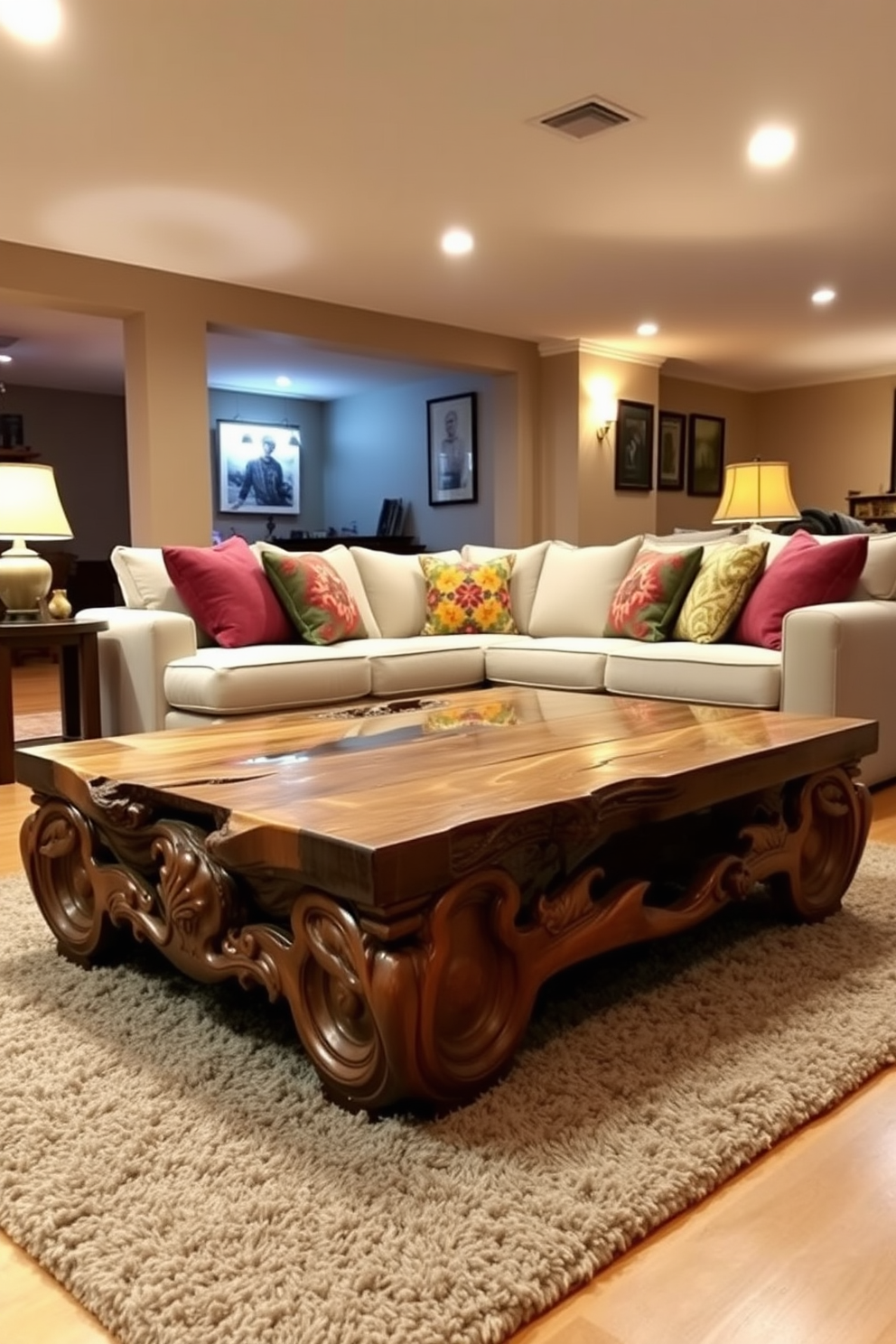 A cozy basement family room features a large stone fireplace that serves as the focal point of the space. Surrounding the fireplace are comfortable seating options, including a plush sectional sofa and stylish armchairs, creating an inviting atmosphere for family gatherings. The walls are painted in a warm taupe color, enhancing the room's cozy feel. Soft lighting fixtures, such as recessed lights and table lamps, illuminate the space while adding to the overall ambiance.