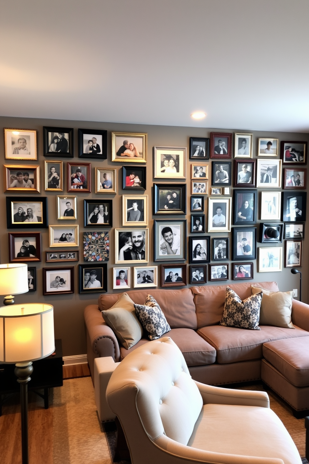 A modern basement family room designed for an immersive gaming experience. The room features a large sectional sofa facing a wall-mounted flat-screen television, with ambient LED lighting creating a relaxed atmosphere. In the corner, a sleek gaming console unit holds various gaming devices and accessories. The walls are painted in a dark gray tone, while a plush area rug adds warmth to the space, making it perfect for family gatherings and gaming nights.