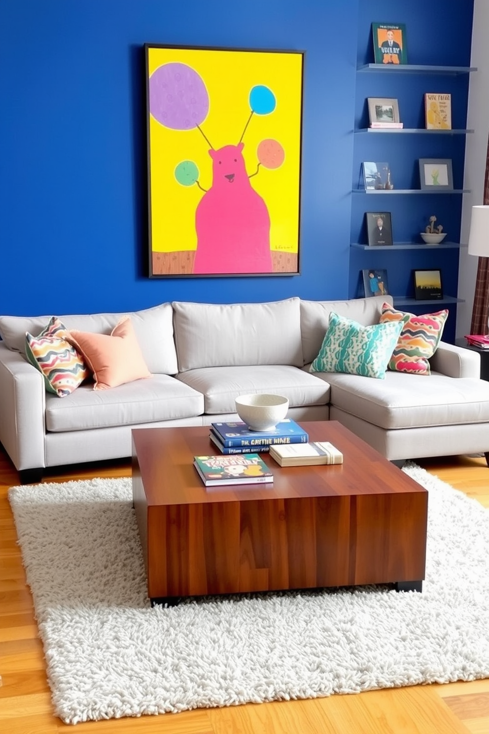 Bright accent walls create a vibrant atmosphere in the basement family room, featuring a mix of bold colors that energize the space. Playful decor elements, such as whimsical artwork and colorful cushions, add a fun and inviting touch, making it a perfect gathering spot for family and friends.