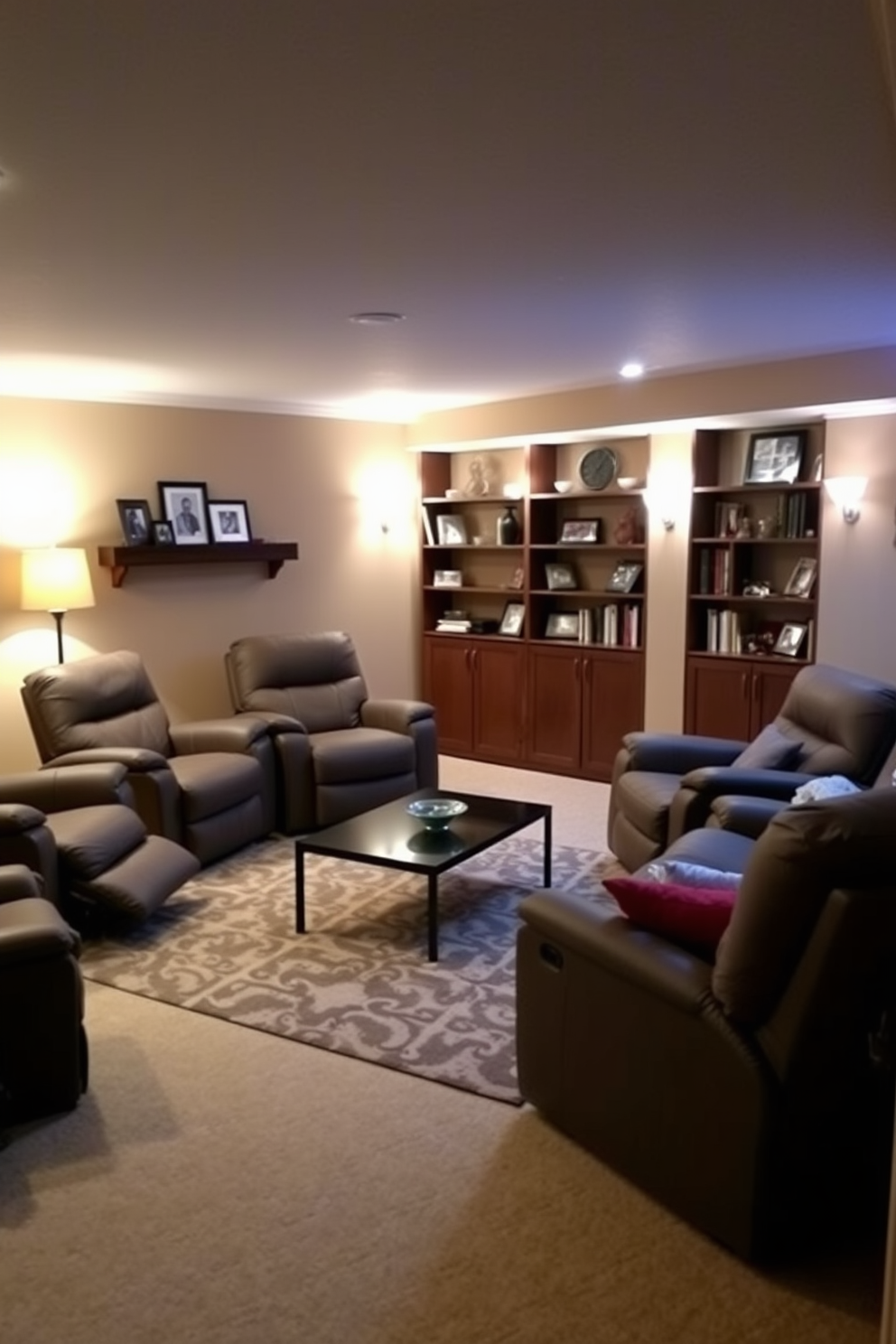 A cozy basement family room featuring a large sectional sofa adorned with textured throw blankets in various shades of gray and cream. The walls are painted a soft beige, and the space is illuminated by warm recessed lighting that creates an inviting atmosphere. In one corner, a rustic wooden coffee table holds a stack of books and a decorative tray with candles. A plush area rug anchors the seating area, while large windows provide natural light, enhancing the overall warmth of the room.