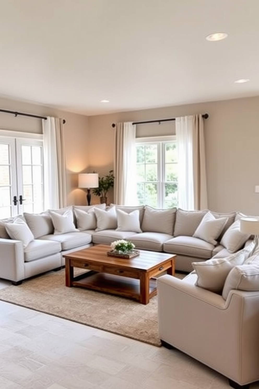 Comfortable bean bags in vibrant colors are scattered around a cozy basement family room. Soft lighting from stylish floor lamps creates a warm and inviting atmosphere perfect for relaxation and entertainment.