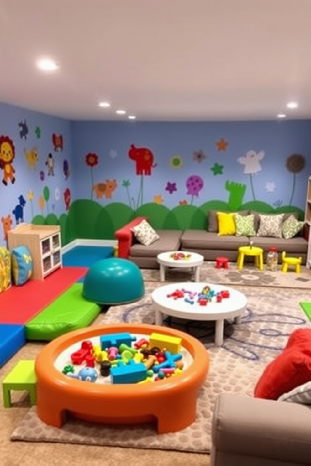 A cozy basement family room featuring a game table designed for family fun nights. The room includes a large, rectangular wooden game table surrounded by comfortable upholstered chairs, with soft lighting creating a warm atmosphere. The walls are painted in a light gray tone, complemented by colorful artwork that adds personality to the space. A plush area rug sits beneath the table, enhancing comfort and inviting everyone to gather for games and laughter.