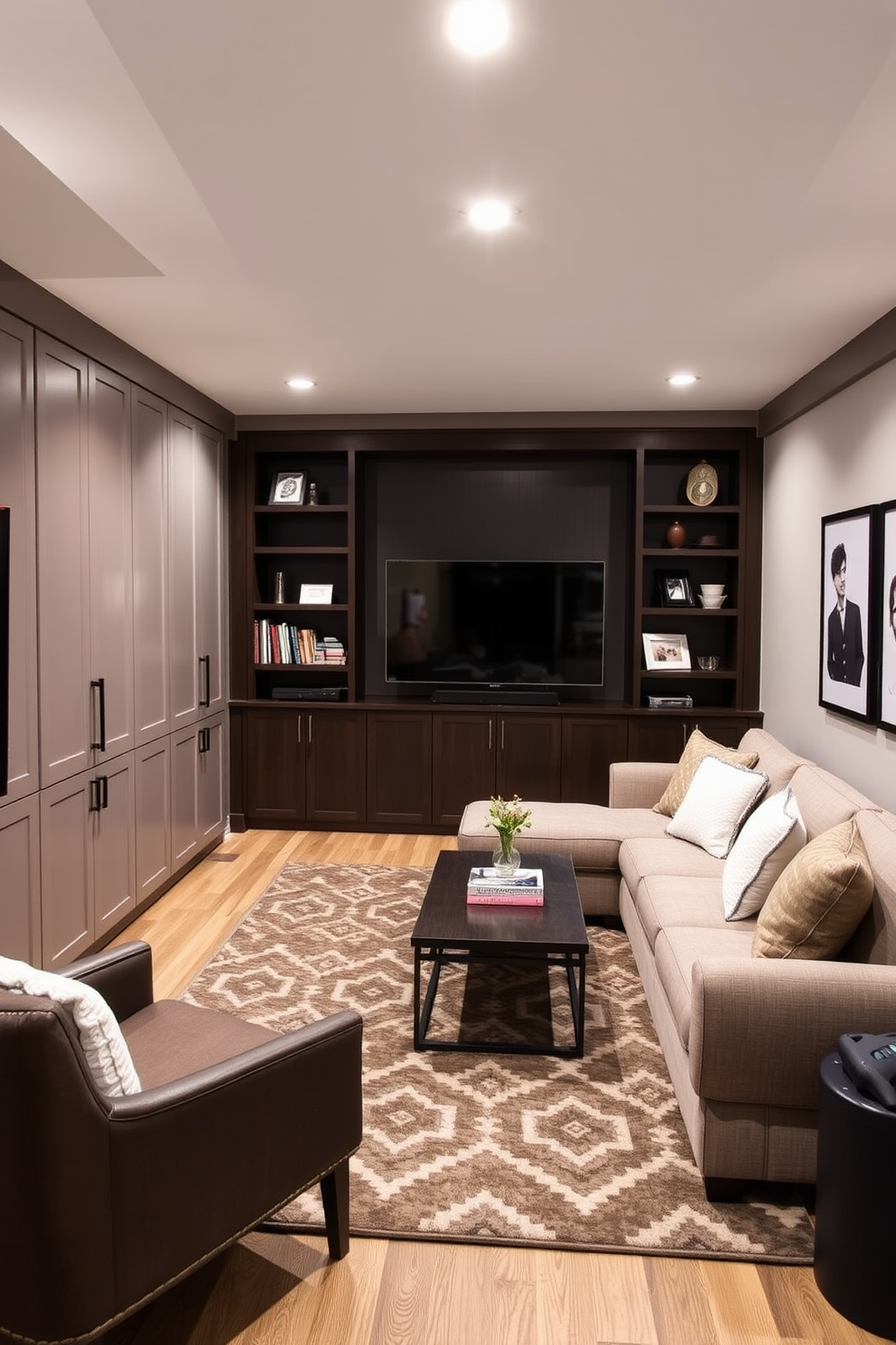 A cozy basement family room features soft acoustic panels on the walls to enhance sound absorption and create a peaceful atmosphere. The room is furnished with a large sectional sofa in a neutral tone, complemented by colorful throw pillows for added comfort and style.