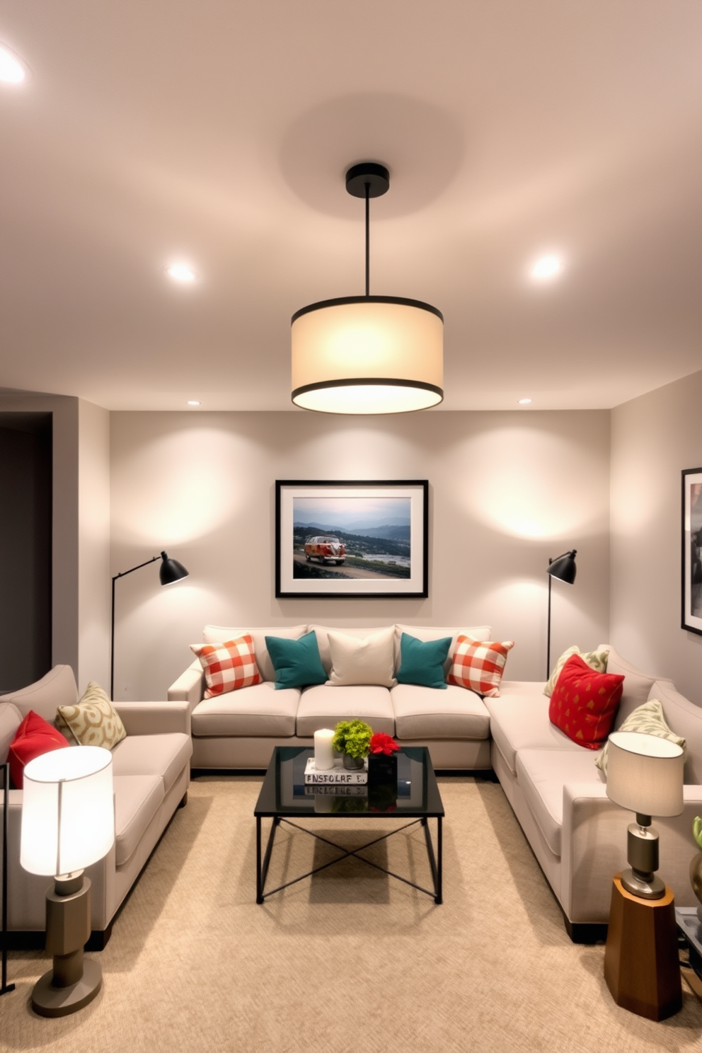 A cozy basement family room designed for relaxation and entertainment. The walls are painted in a warm beige tone, and a large sectional sofa is positioned in the center, adorned with colorful throw pillows. On one side of the room, a sleek wall-mounted TV is framed by built-in shelves filled with books and decor. Two large wall mirrors are strategically placed to enhance space perception and reflect natural light from the nearby window.