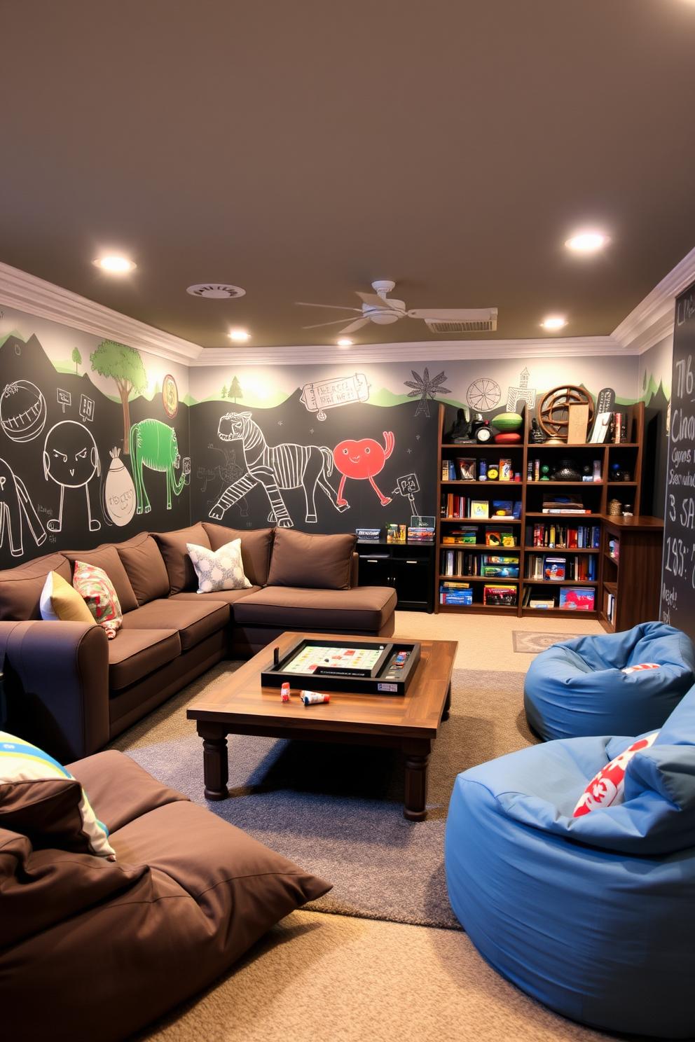 A cozy basement family room featuring a large sectional sofa adorned with textured throw blankets in various shades of gray. The walls are painted in a warm taupe, complemented by soft ambient lighting from stylish floor lamps. A plush area rug anchors the seating area, while a rustic coffee table made of reclaimed wood adds character. Shelves lined with books and decorative items bring a personal touch to the space, creating an inviting atmosphere for relaxation and entertainment.