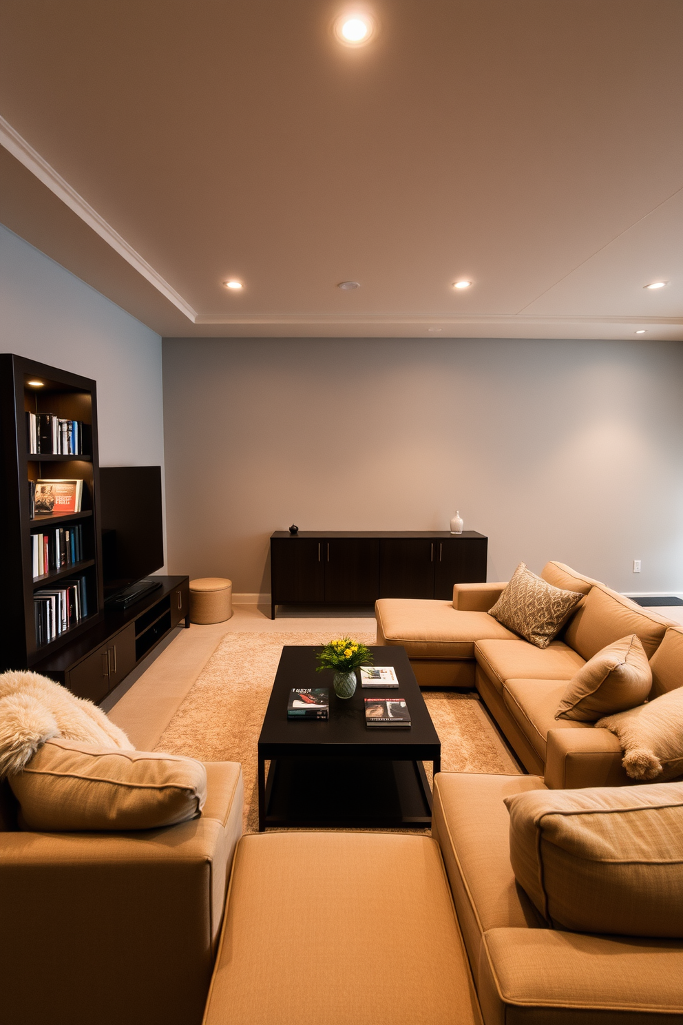 A stylish coffee table is centered in the basement family room, crafted from reclaimed wood with a sleek glass top. Surrounding the table are plush sectional sofas upholstered in a soft gray fabric, creating an inviting space for gatherings. The walls are adorned with warm, earthy tones, complemented by ambient lighting from modern floor lamps. A large area rug in muted colors anchors the seating area, adding texture and warmth to the room.