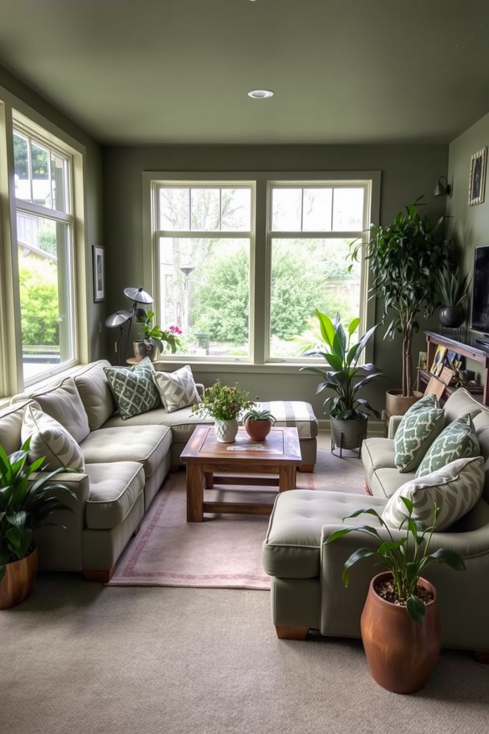 A cozy basement family room featuring a stylish sofa bed that seamlessly blends comfort and functionality. The space is adorned with warm lighting, soft throw pillows, and a plush area rug that invites relaxation and gatherings.