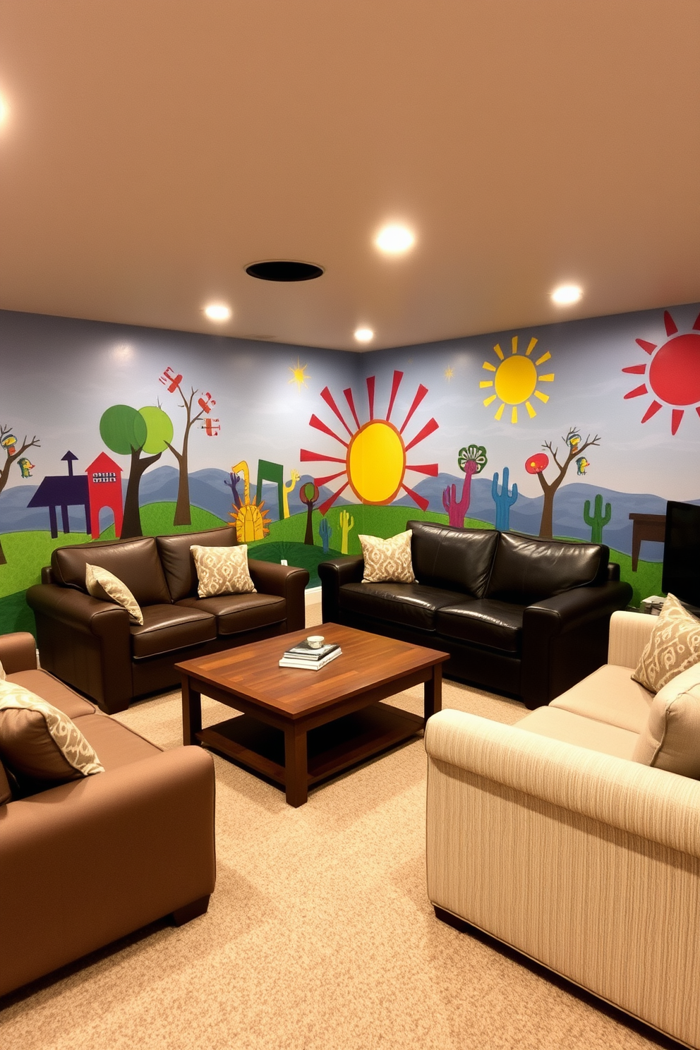 A cozy basement family room designed with personalized decor that reflects family interests. The walls are adorned with framed family photos and artwork that showcases individual hobbies and memorable moments. Comfortable seating arrangements include a plush sectional sofa and colorful bean bags, creating a welcoming atmosphere for gatherings. A large coffee table in the center holds family board games and a stack of favorite books for everyone to enjoy.