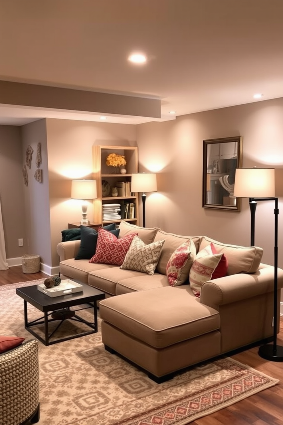 A cozy home theater setup featuring plush reclining seats arranged in a semi-circle facing a large flat-screen TV mounted on the wall. The room is dimly lit with adjustable LED lights and has soundproofing panels on the walls for an immersive viewing experience. The basement family room is designed for relaxation and entertainment, with a large sectional sofa and a coffee table in the center. A built-in bar area is to one side, complete with stools and shelves for drinks and snacks, creating a welcoming atmosphere for family gatherings.